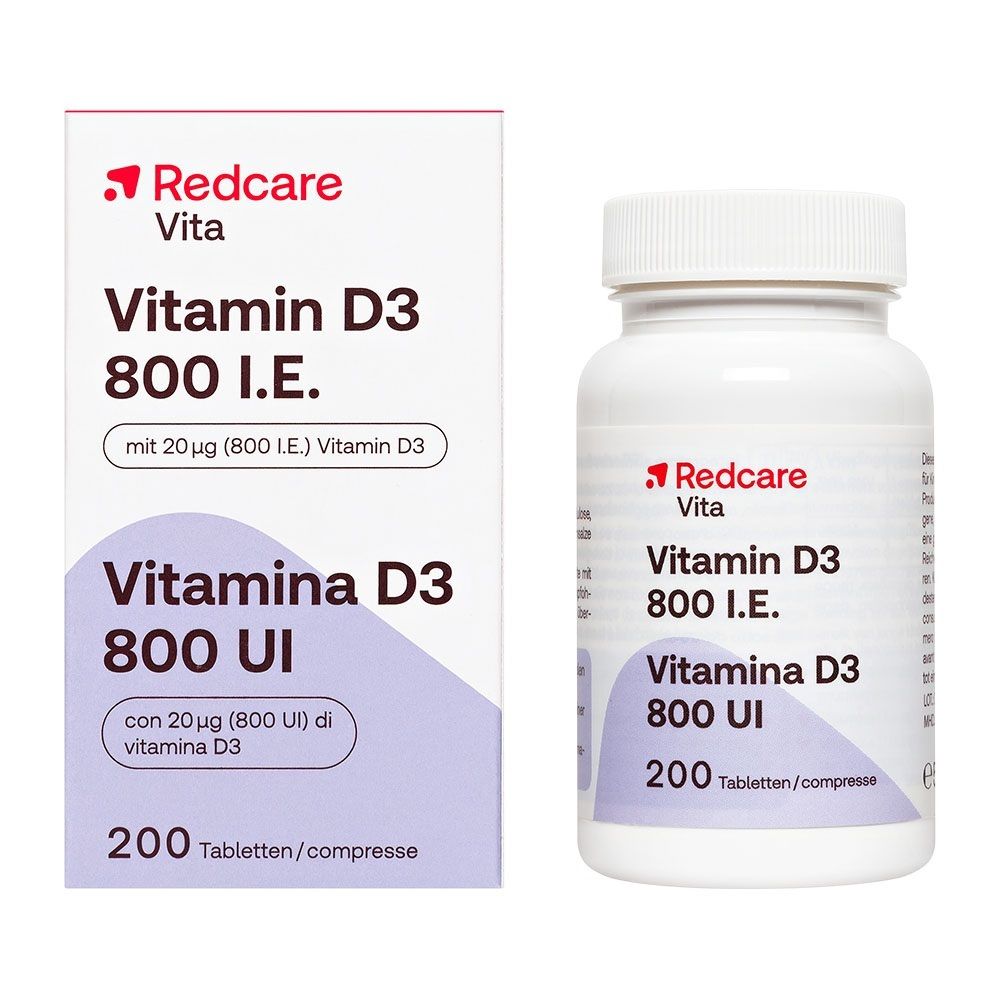 Emballage et flacon de Redcare Vitamine D3 800 UI avec 200 comprimés.