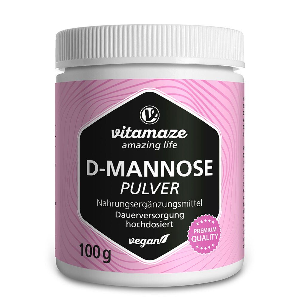 Pot de Vitamaze D-Mannose Pulver. Étiquette rose et blanche, logo noir, texte: D-Mannose Pulver, 100g, vegan, Premium Quality.