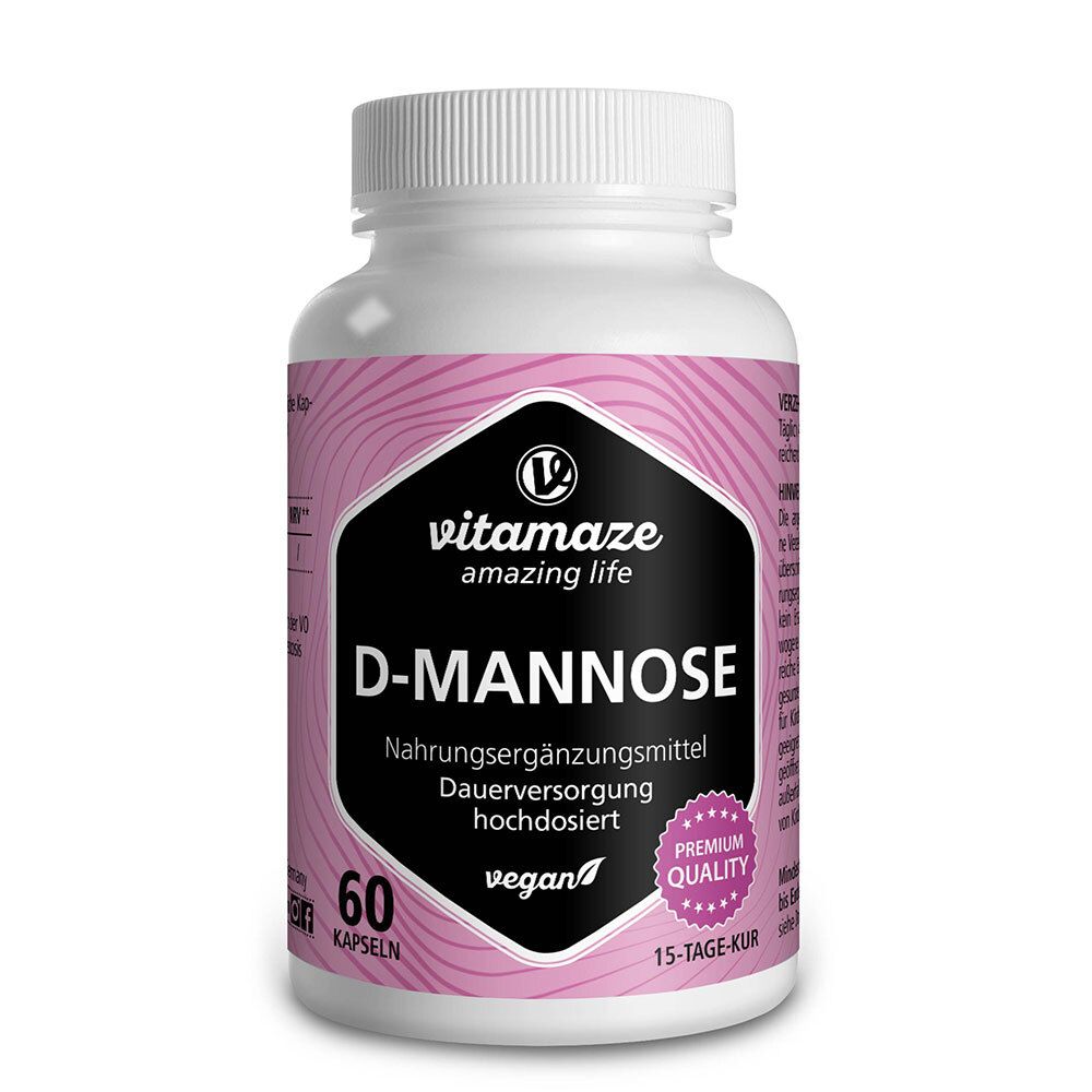 Flacon blanc avec étiquette rose. Logo noir avec texte D-Mannose. 60 gélules. Vegan. Premium Quality.