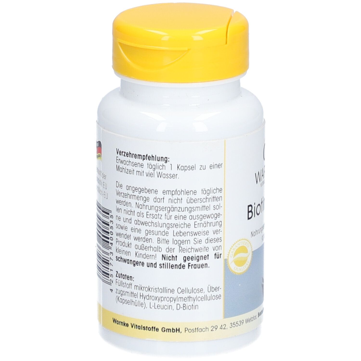 Dos du flacon blanc à bouchon jaune. Texte: Recommandations, ingrédients. Code-barres et logo Made in Germany.