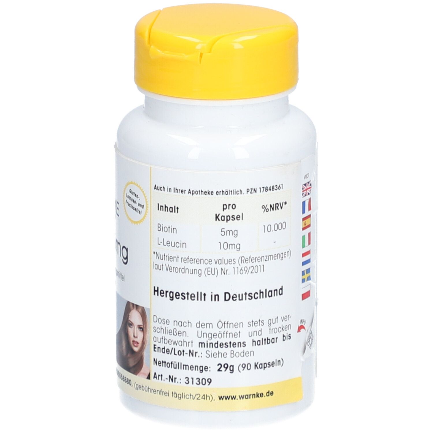 Flacon blanc à bouchon jaune. Inscription: Warnke Vitalstoffe, Biotin 5mg, 90 gélules. Texte: Contenu, par gélule, %VNR.