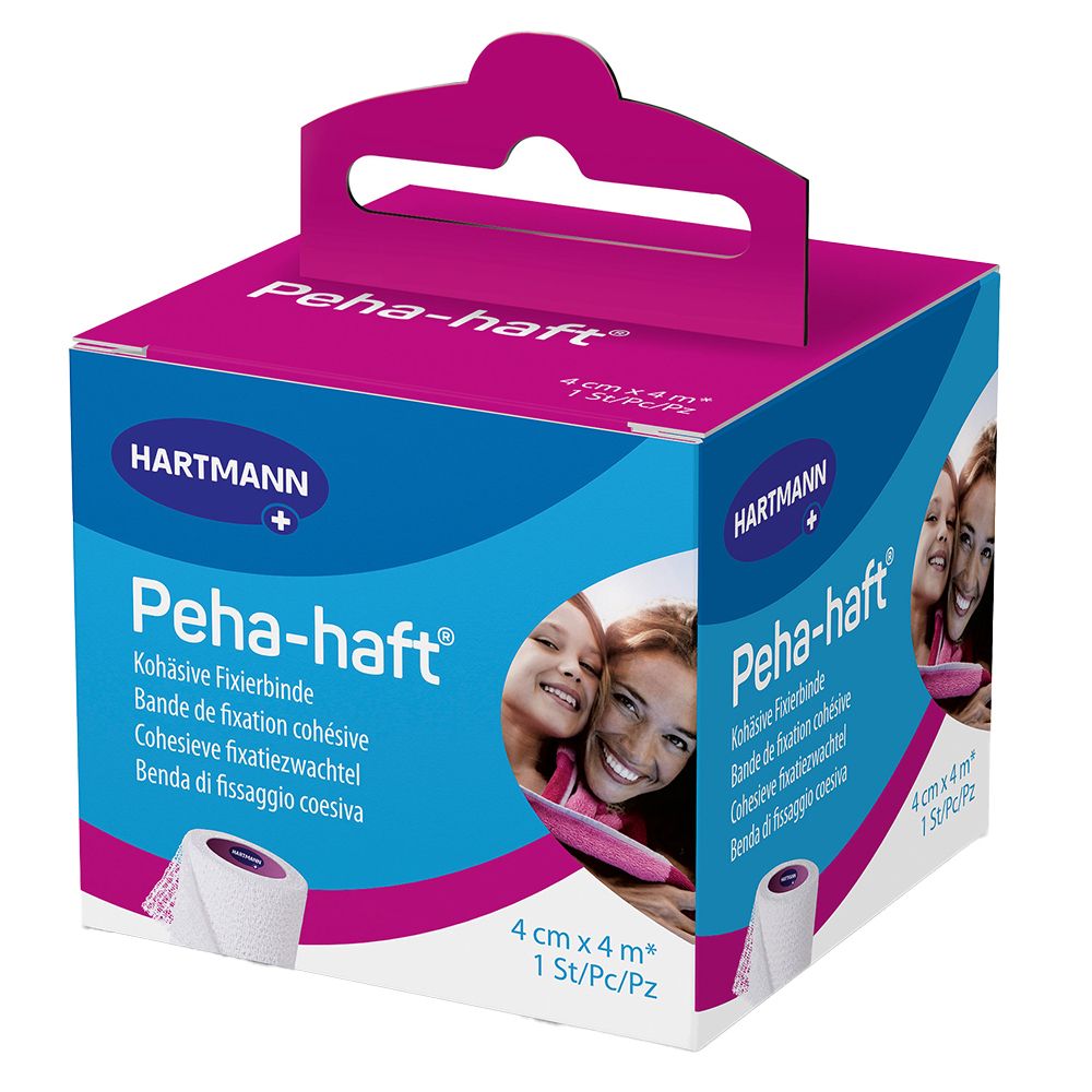 Boîte bleu et rose Peha-haft®. Logo Hartmann. 4 cm x 4 m. Images: femmes, rouleau de bandage de fixation.