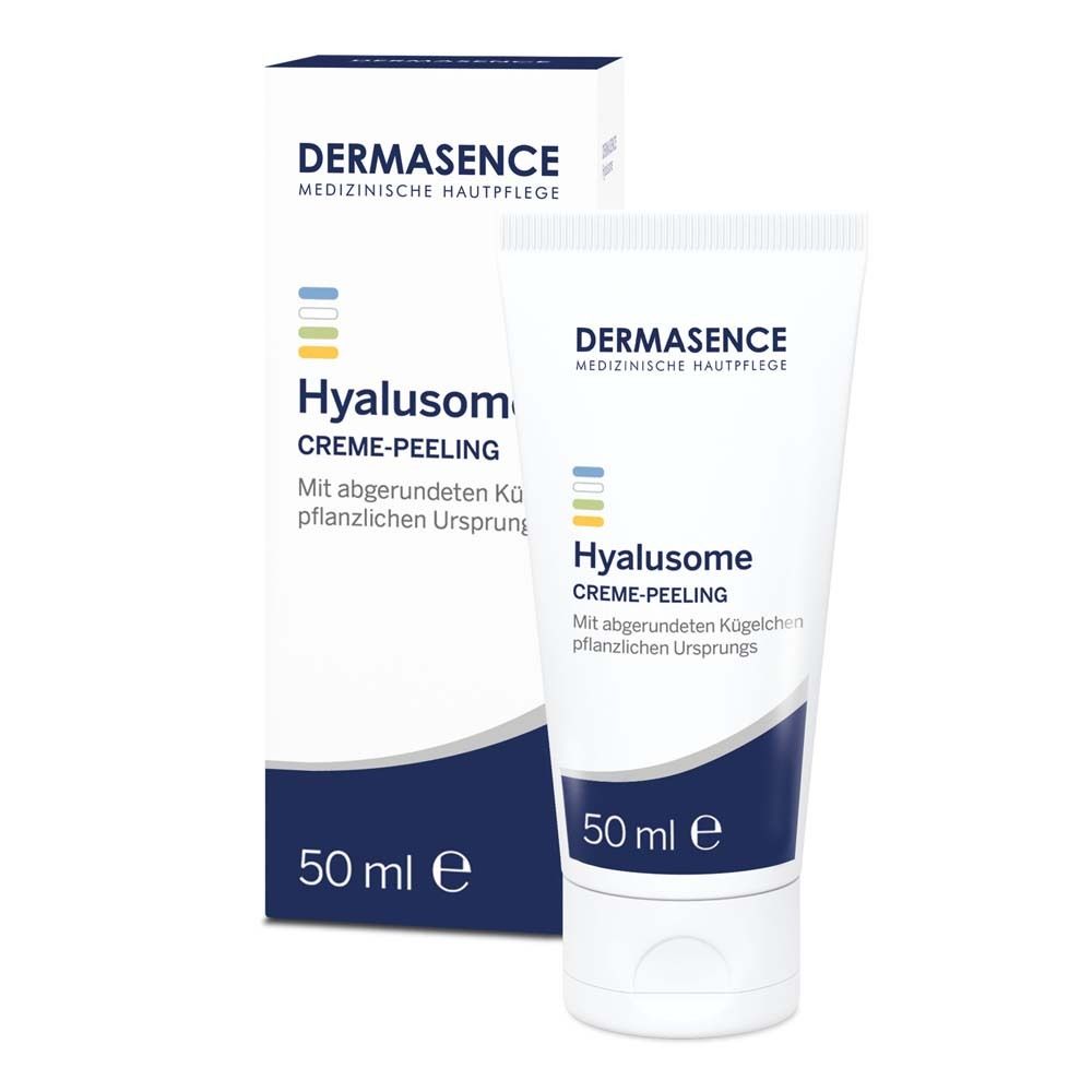DERMASENCE Hyalusome Crème-Peeling. Tube et emballage blancs. Texte : Hyalusome Crème-Peeling, 50 ml.