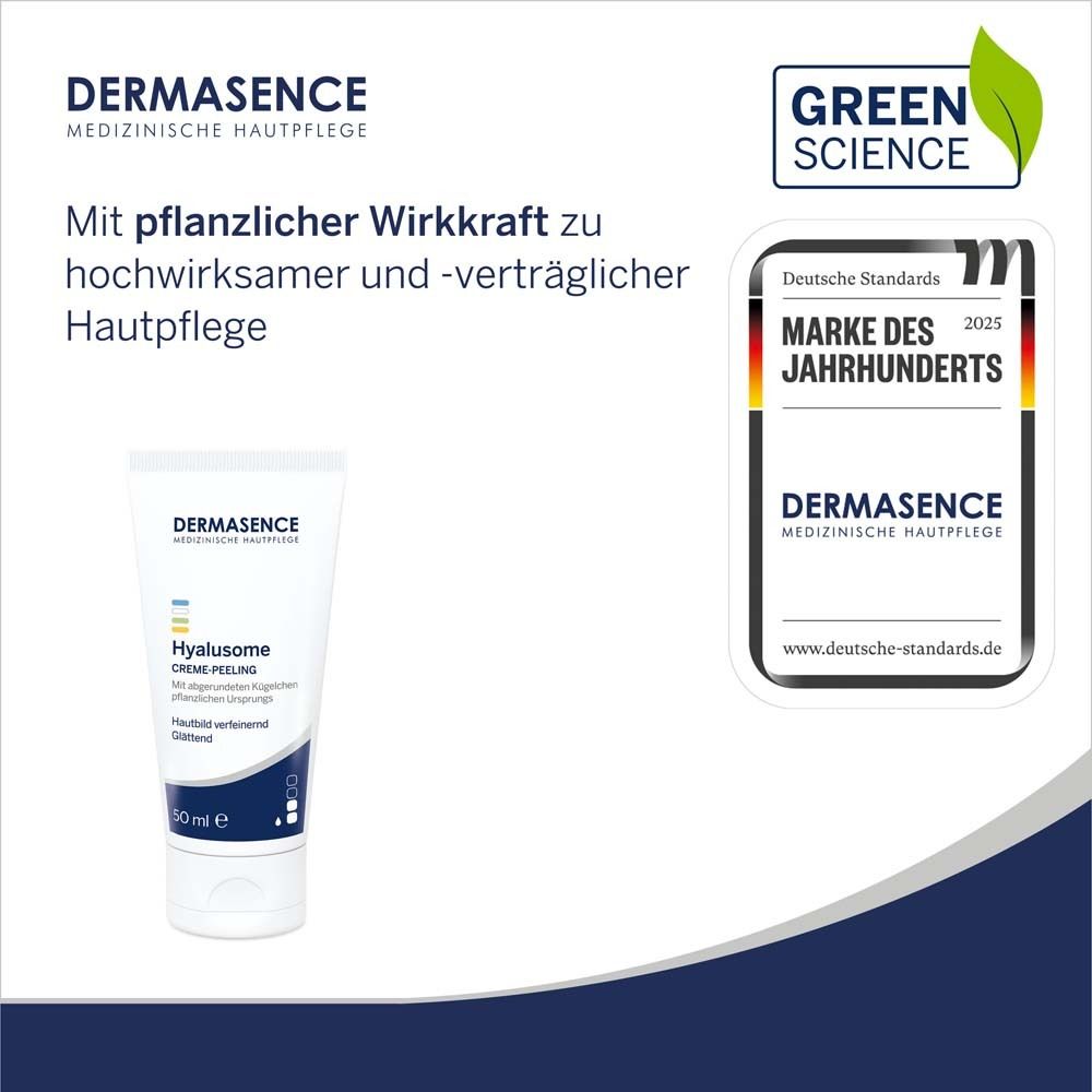 DERMASENCE Hyalusome Crème-Peeling. Produit et emballage. Logo, texte : Marque du siècle. Logo Green Science.