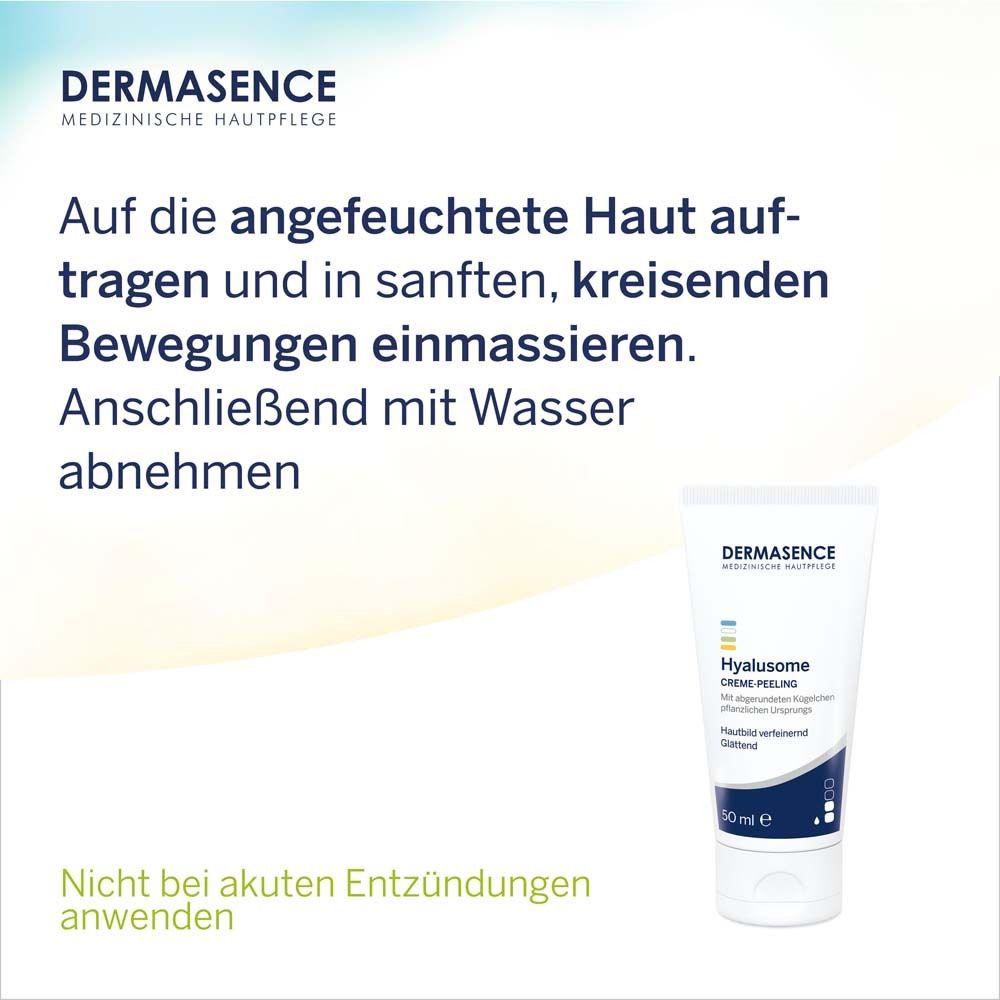 DERMASENCE Hyalusome Crème-Peeling. Texte : Appliquer sur peau humide et masser. 50 ml.