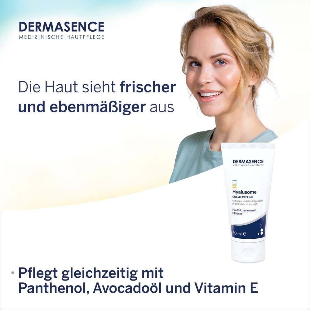 Main pressant la crème du tube. Texte : Élimine les squames et active la peau. Avec des billes arrondies.