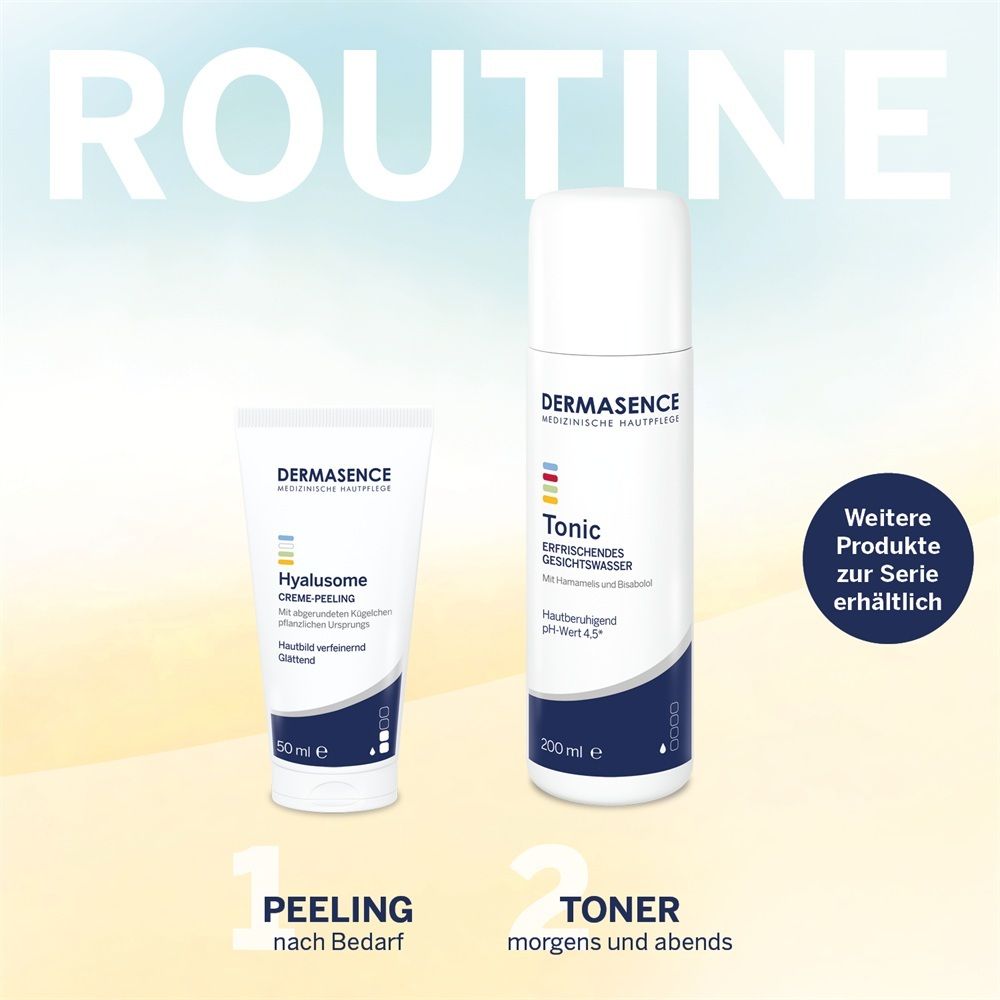 Dermasence Hyalusome Crème-Gommage (50ml) et Dermasence Tonic (200ml).