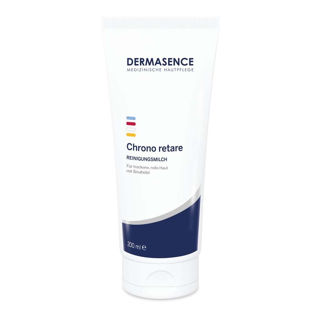 Tube blanche avec accent bleu. Inscription: DERMASENCE, Chrono retare Reinigungsmilch. 200 ml.