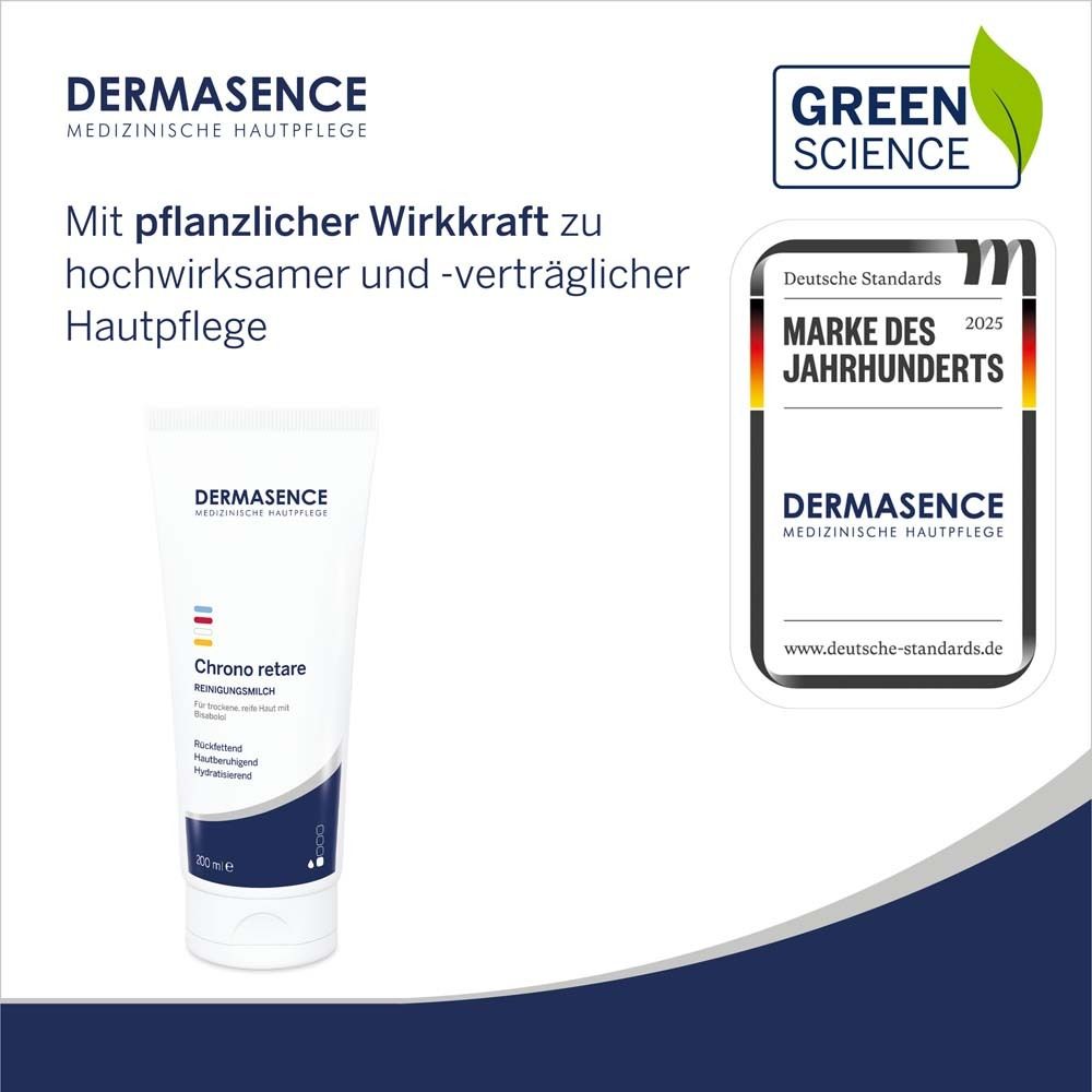 Produit et emballage. Logo DERMASENCE. Distinction : Marque du siècle. Label : Green Science.