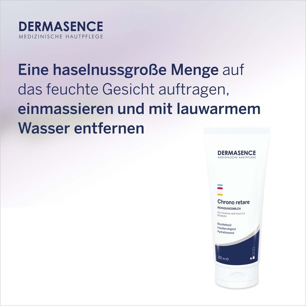 Produit et texte. Texte : Appliquer une quantité de la taille d'une noisette. Produit : DERMASENCE Chrono retare.