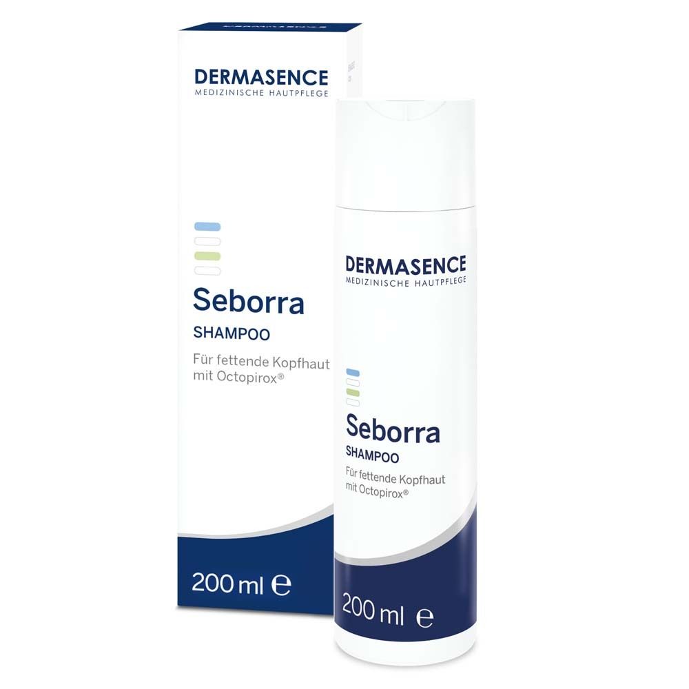 Shampoo blanc avec texte bleu. Texte: DERMASENCE, Seborra Shampoo, 200 ml.