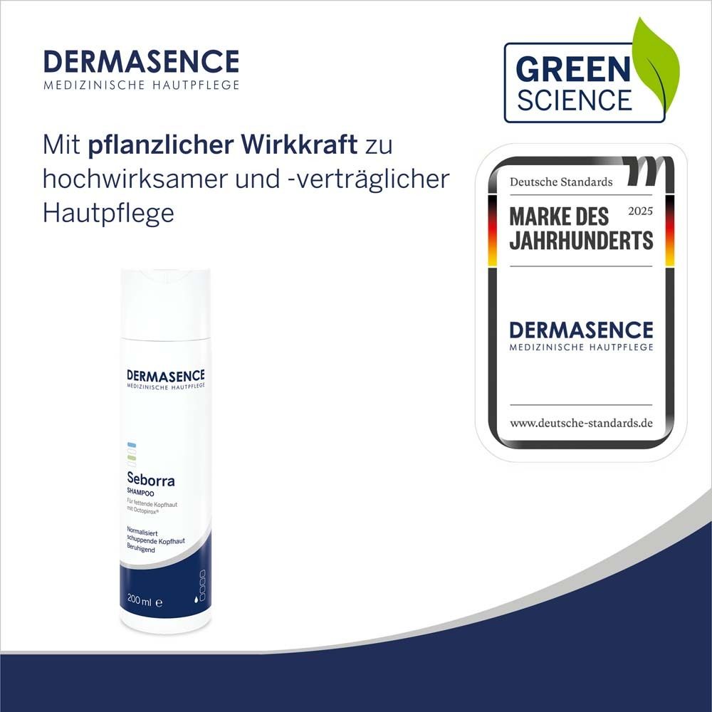 Femme avec flacon de shampooing. Texte: DERMASENCE, Seborra Shampoo. Maintient l'hydratation du cuir chevelu.