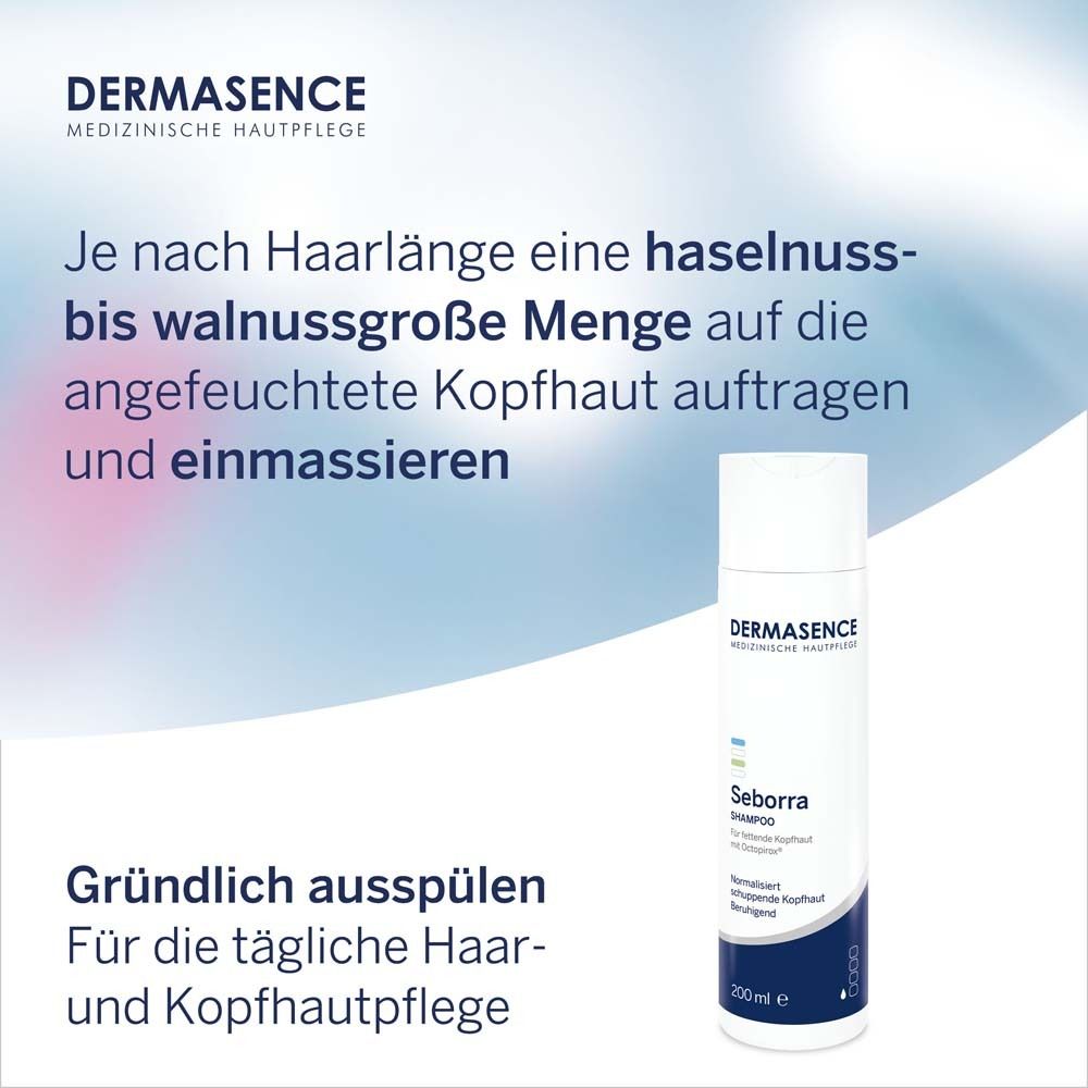 Homme se lave les cheveux. Texte: DERMASENCE, Nettoyage médical. Contre les pellicules.