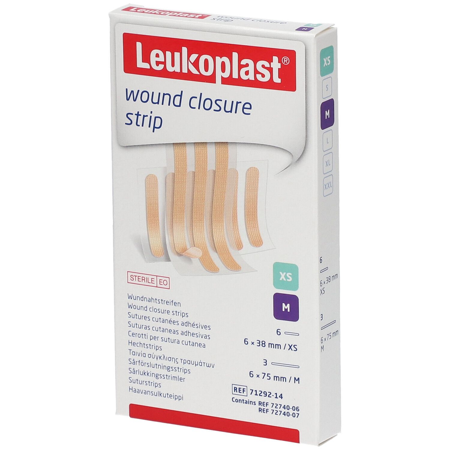 Boîte de bandes de suture Leukoplast. Contient des bandes XS et M. Stérile EO.