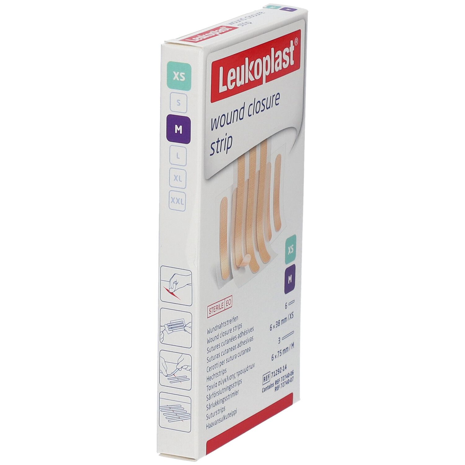 Vue latérale de l'emballage des bandes de suture Leukoplast. Tailles XS et M marquées. Stérile EO.