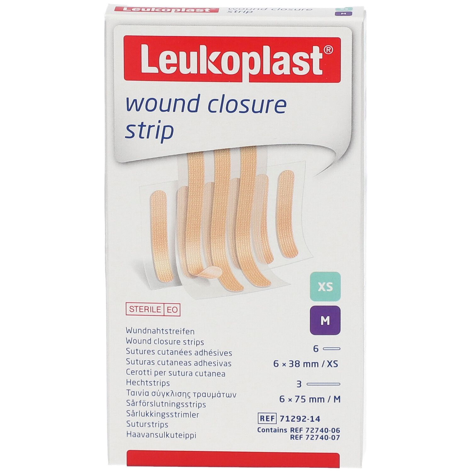 Emballage de bandes de suture Leukoplast. Bandes tailles XS et M. Stérile EO.