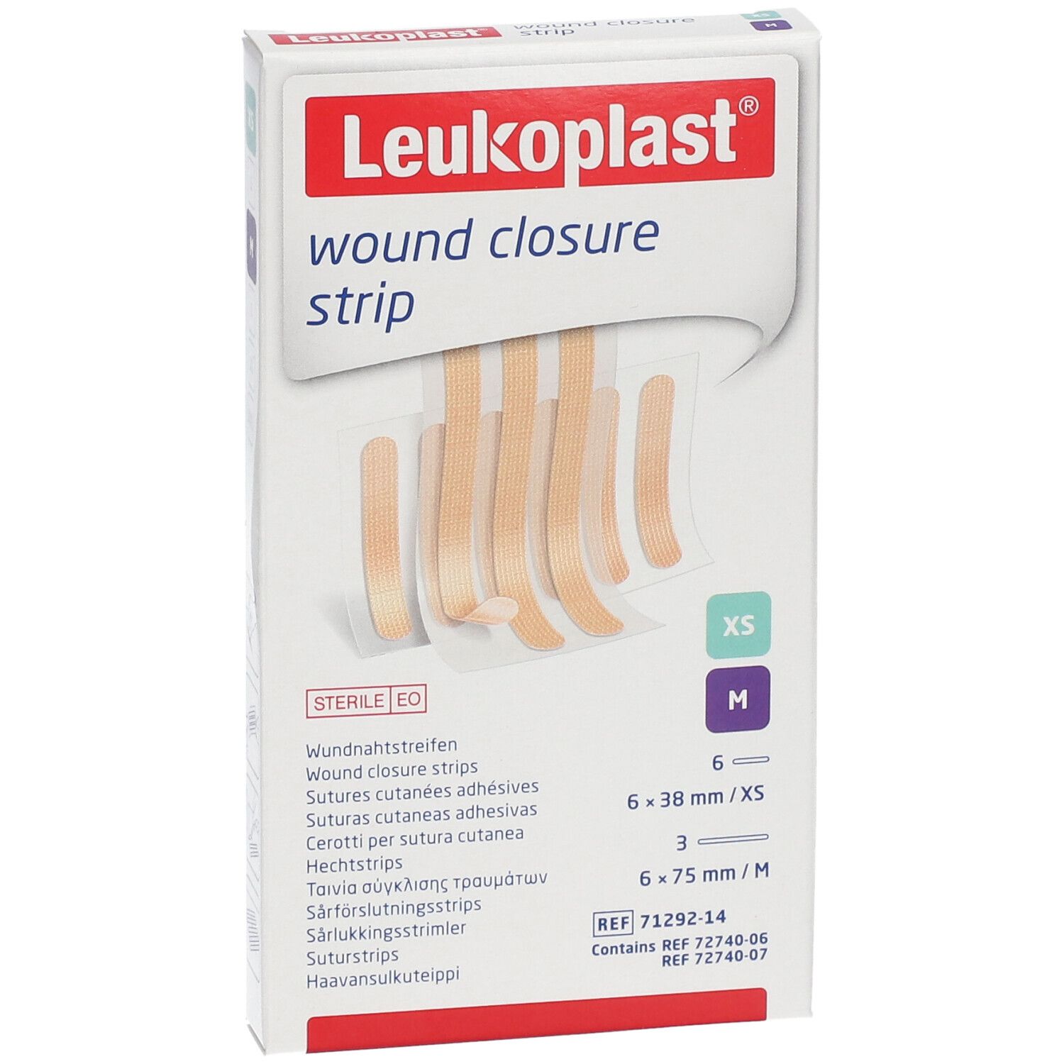 Emballage de bandes de suture Leukoplast. Bandes tailles XS et M. Stérile EO.