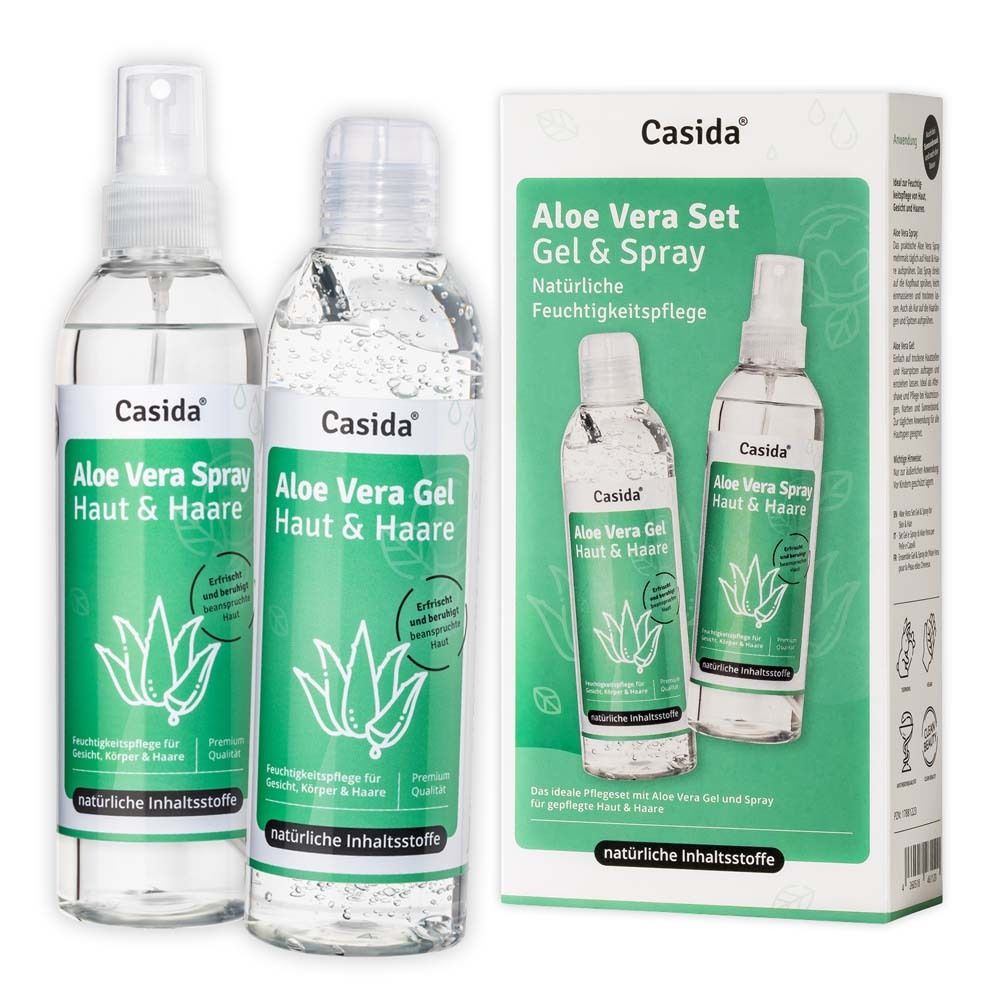 Gel et spray à l'aloe vera Casida. Deux flacons et un emballage avec des informations sur le produit.