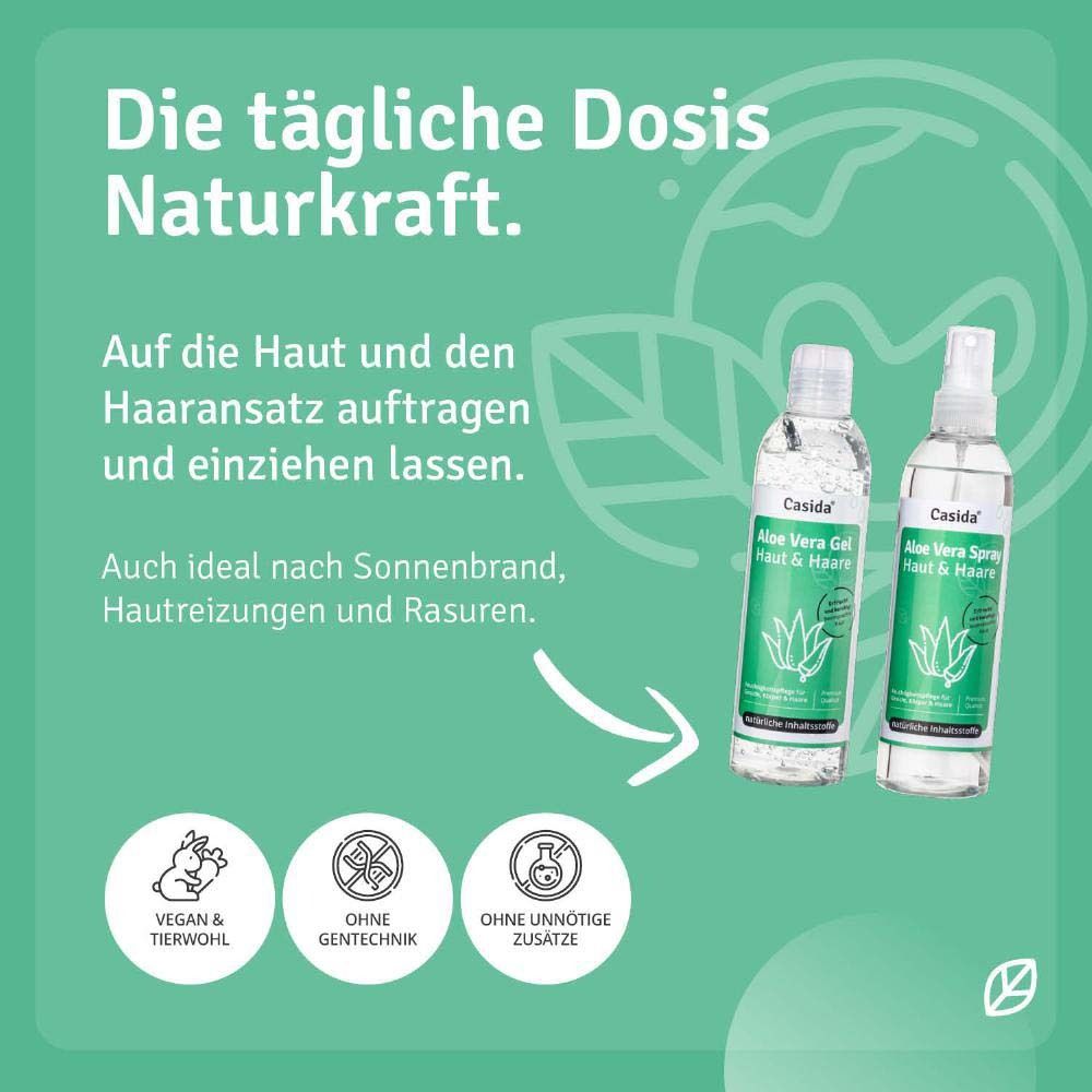 Instructions d'utilisation du gel et spray à l'aloe vera Casida. Végétalien, sans OGM et sans additifs.