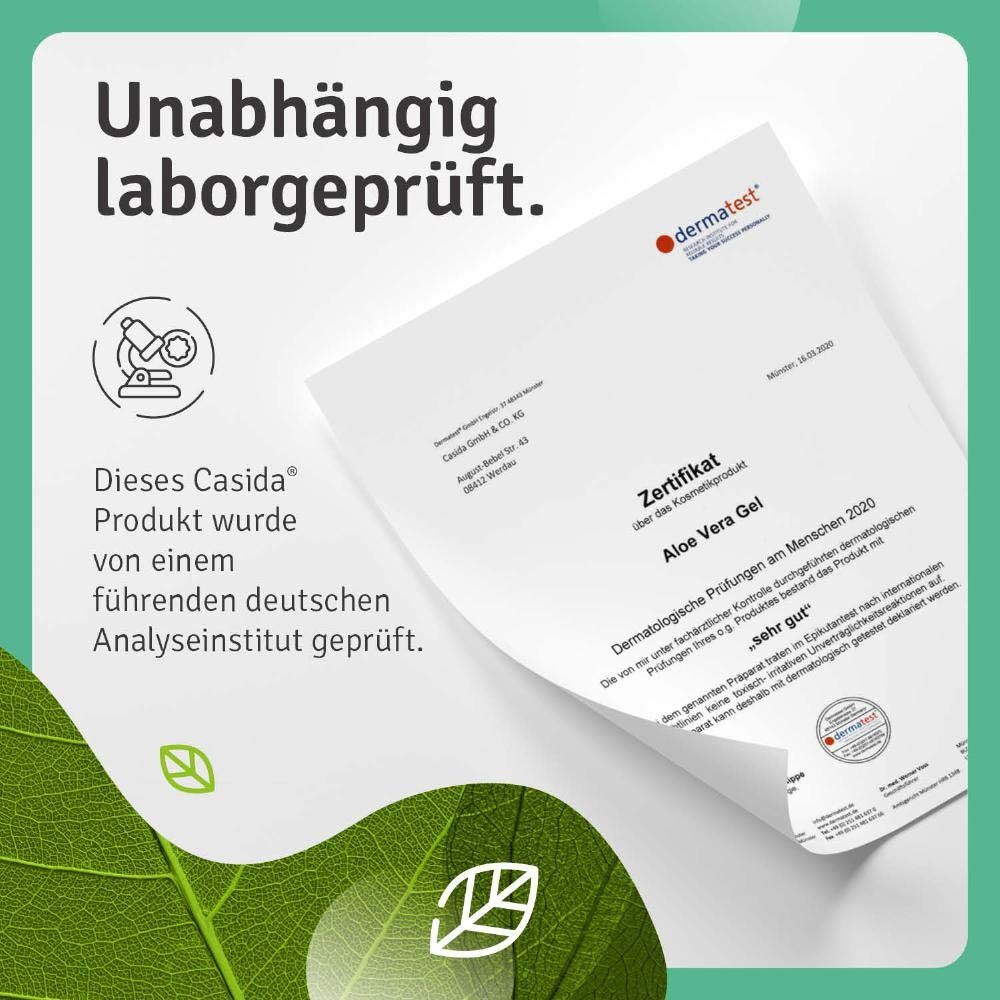 Certificat Dermatest pour Casida Aloe Vera. Testé par un institut d'analyse allemand. Très bien.