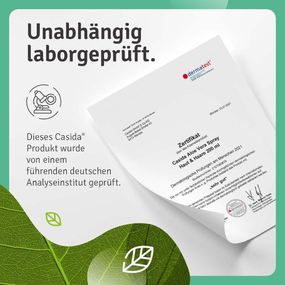Certificat Dermatest pour le spray à l'aloe vera Casida. Testé par un institut d'analyse allemand. Très bien.