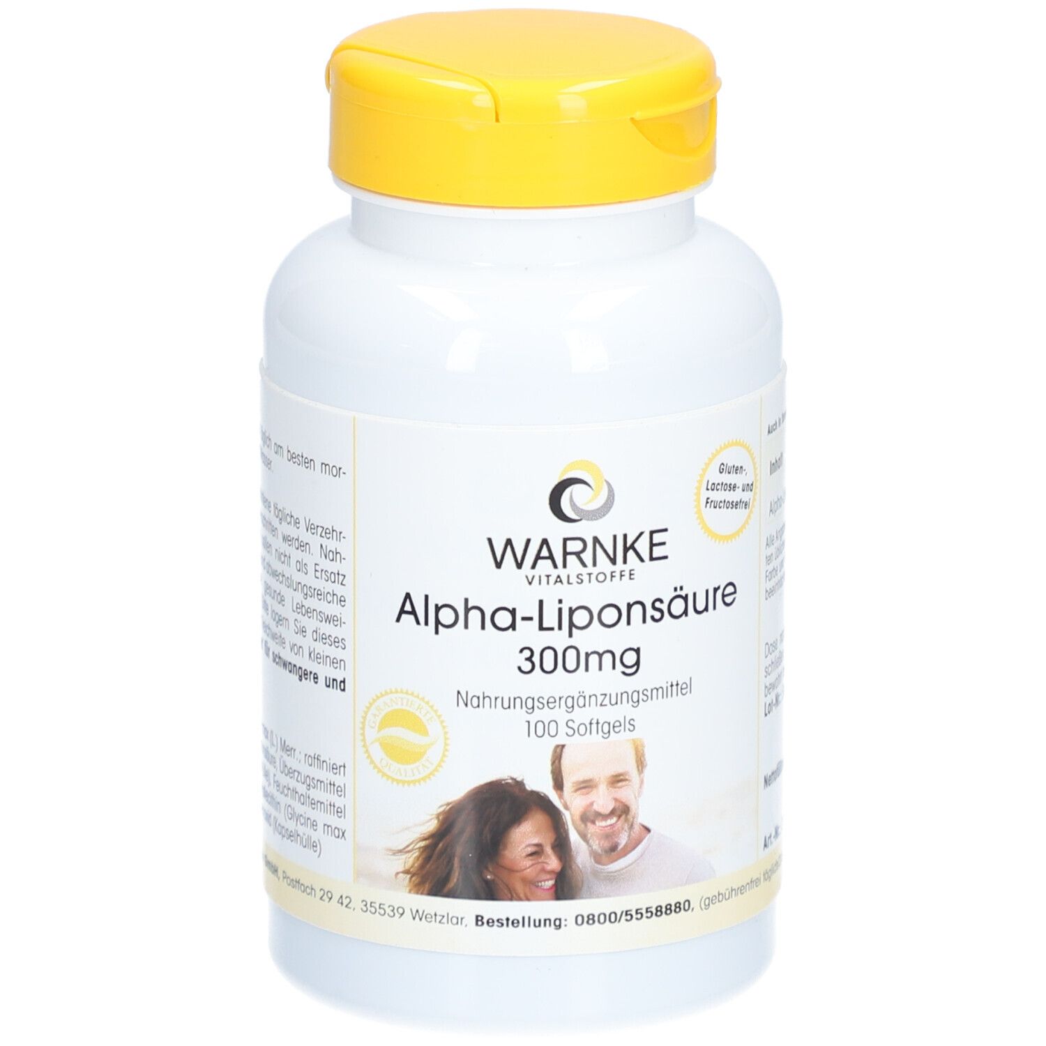 Flacon blanc à bouchon jaune. Inscription: WARNKE Alpha-Liponsäure 300mg. 100 gélules. Image d'un couple.