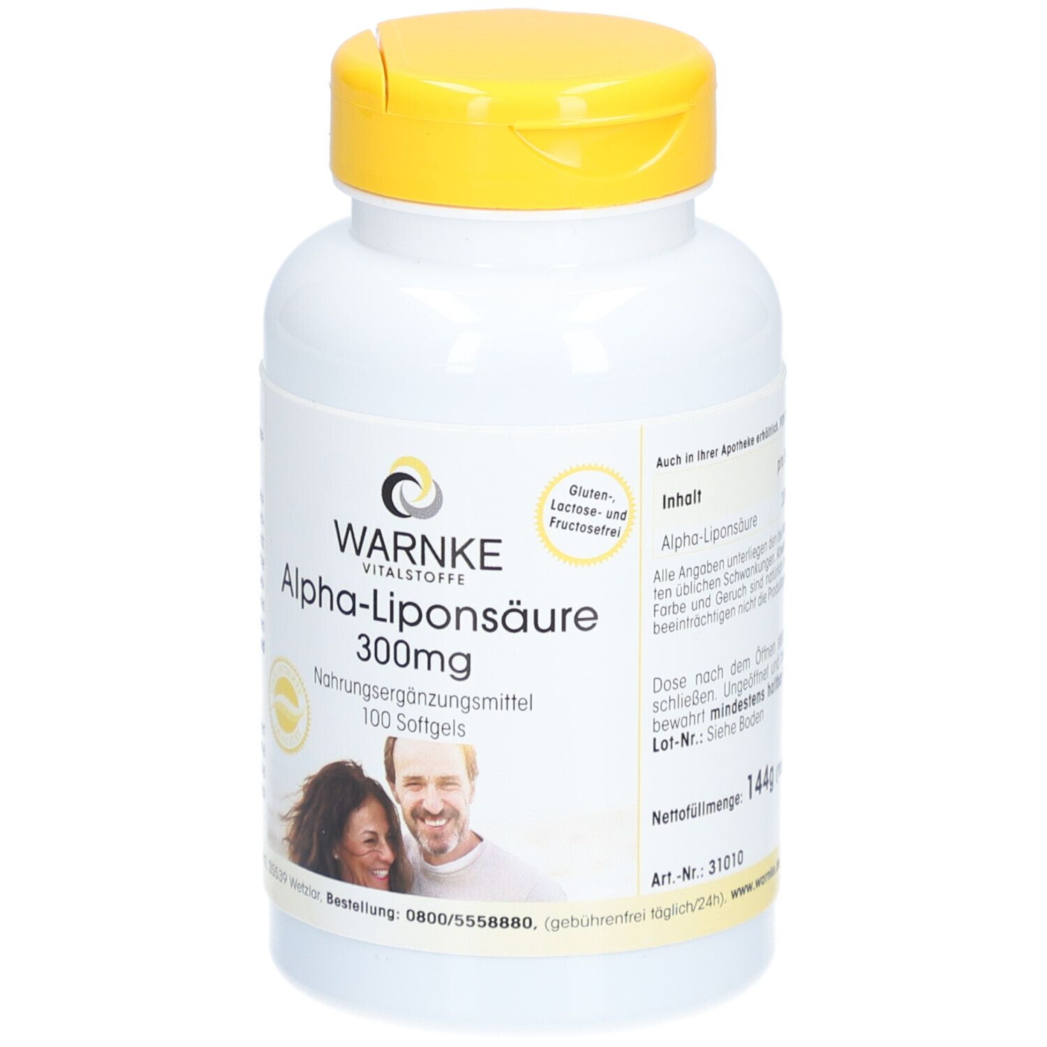 Flacon blanc à bouchon jaune. Inscription: WARNKE Alpha-Liponsäure 300mg. 100 gélules. Sans gluten, lactose et fructose.