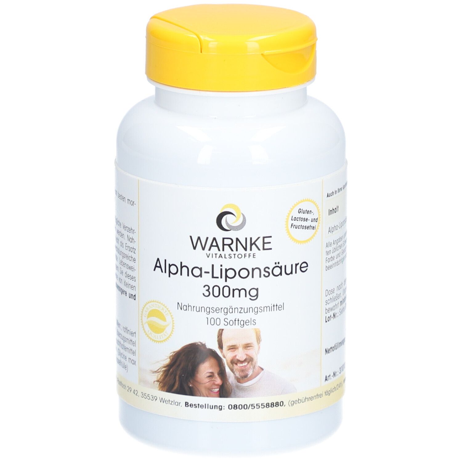 Flacon blanc à bouchon jaune. Inscription: WARNKE Alpha-Liponsäure 300mg. 100 gélules. Image d'un couple.