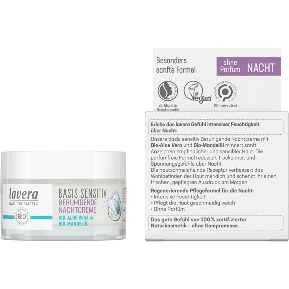 Boîte avec texte. Inscription : lavera, BASIS SENSITIV Beruhigende Nachtcreme. Sans parfum. Vegan. Neutre pour le climat.