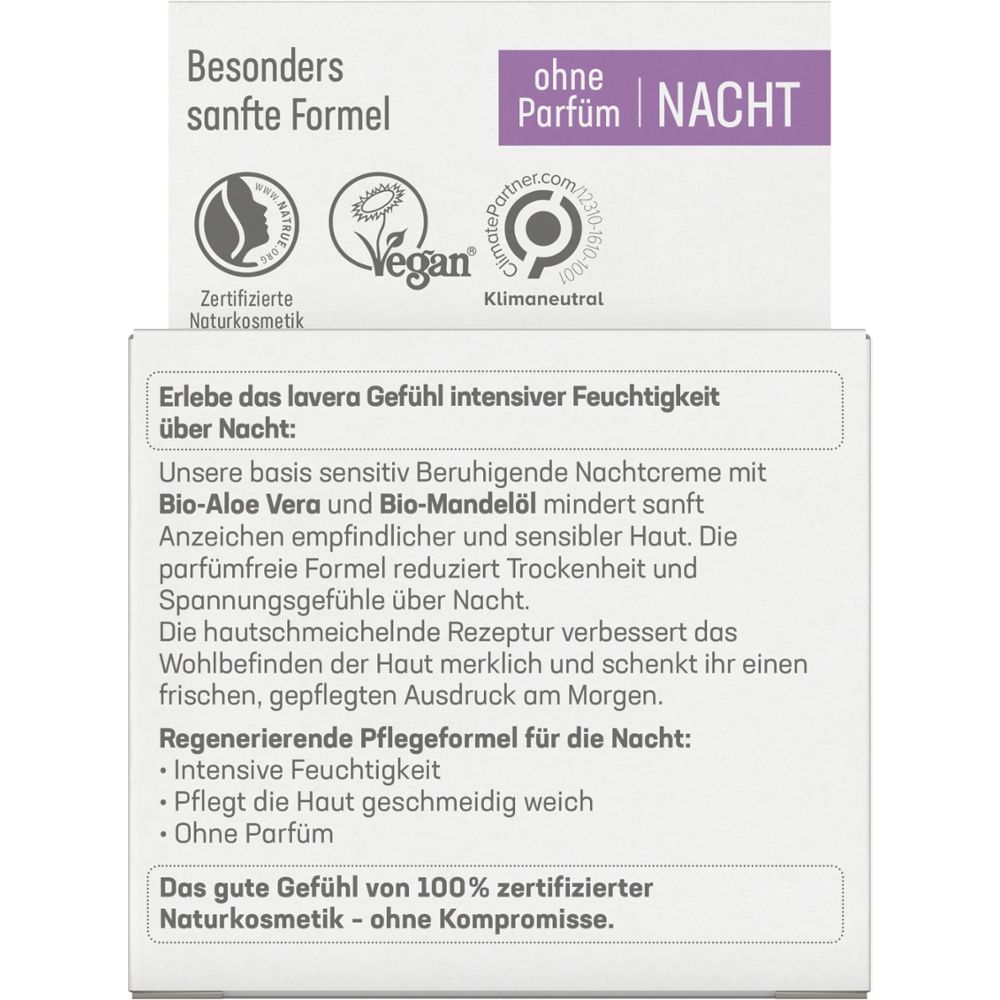 Boîte avec texte. Inscription : lavera, BASIS SENSITIV Beruhigende Nachtcreme. Sans parfum. Vegan. Neutre pour le climat.