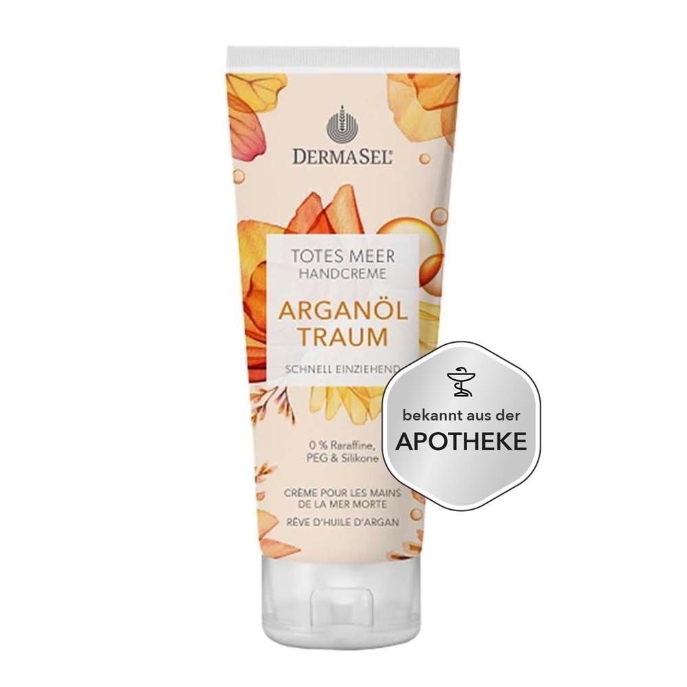 Tube de crème avec motif floral. Inscriptions: DERMASEL, Totes Meer Handcreme, Arganöl Traum. Logo pharmacie.
