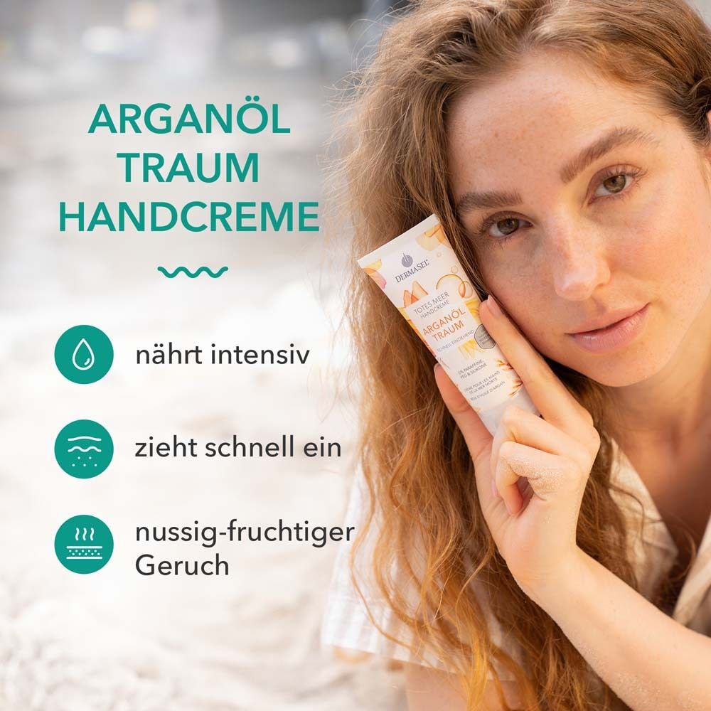 Femme tenant un tube. Texte: Arganöl Traum Handcreme. Icônes: nourrit intensément, pénètre rapidement, parfum fruité.