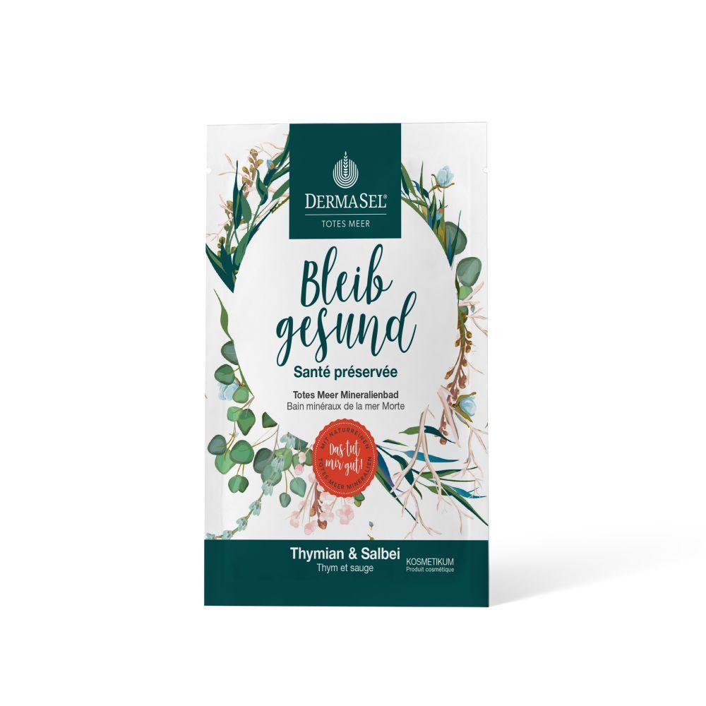 Sachet de sel de bain. Face avant avec logo, nom du produit "Bleib gesund" et motif floral. Texte : Thym et sauge.