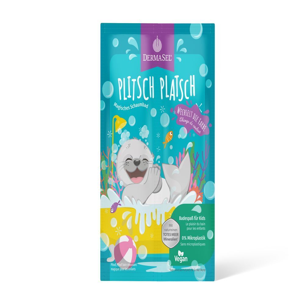 Emballage de bain moussant pour enfants. Illustration d'un phoque dans une baignoire. Inscription : PLITSCH PLATSCH, DERMASEL.