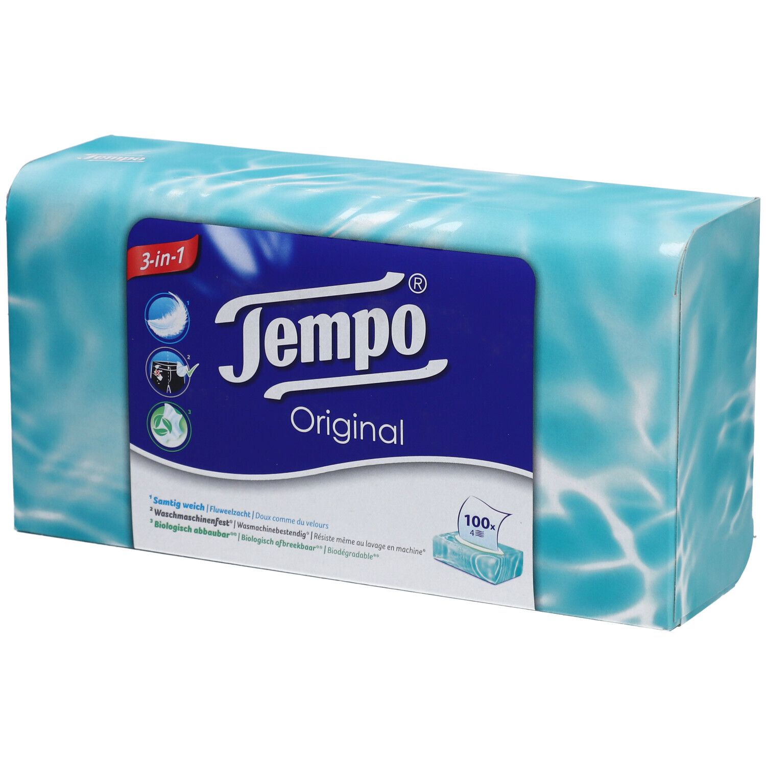 Paquet Tempo® Original bleu et blanc. Inscription : 3-en-1, Tempo® Original, 100 mouchoirs. Motif aquatique.