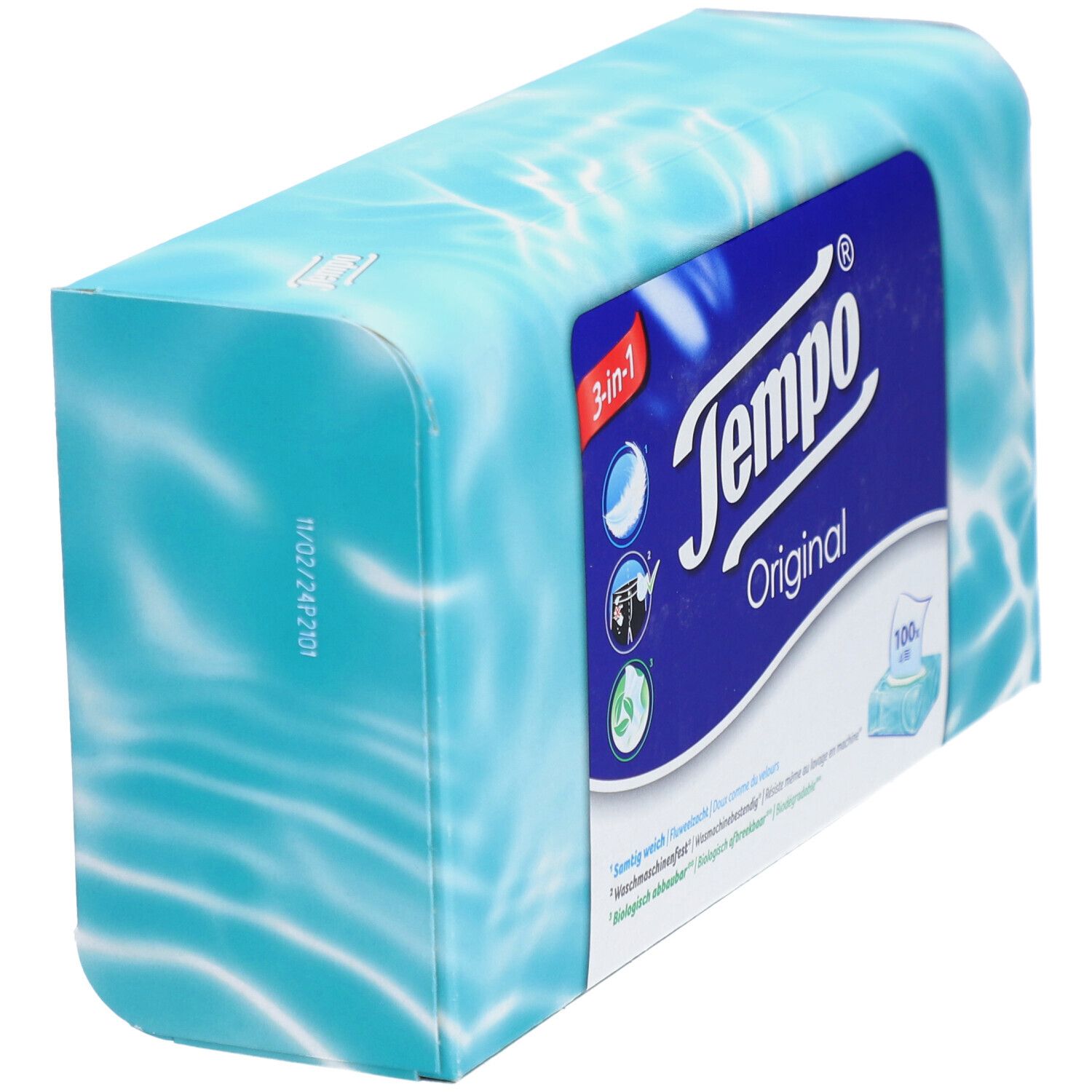 Boîte Tempo® Original, bleu et blanc avec motif aquatique. Inscription : 3-en-1, Tempo® Original, 100 mouchoirs. Vue en perspective.