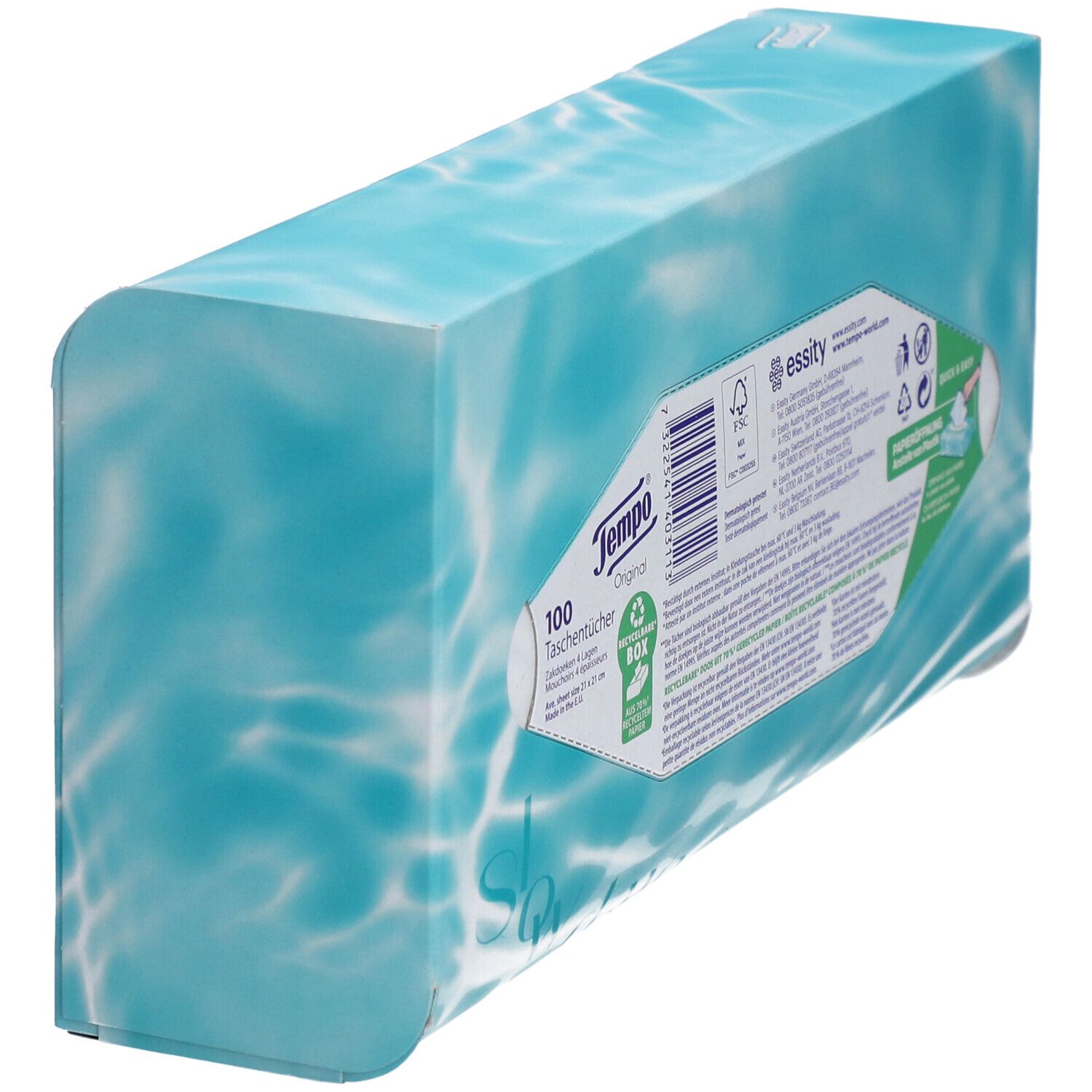 Vue arrière de la boîte Tempo® Original. Bleu et blanc avec motif aquatique. Inscription : Tempo® Original, 100 mouchoirs. Consignes de recyclage.