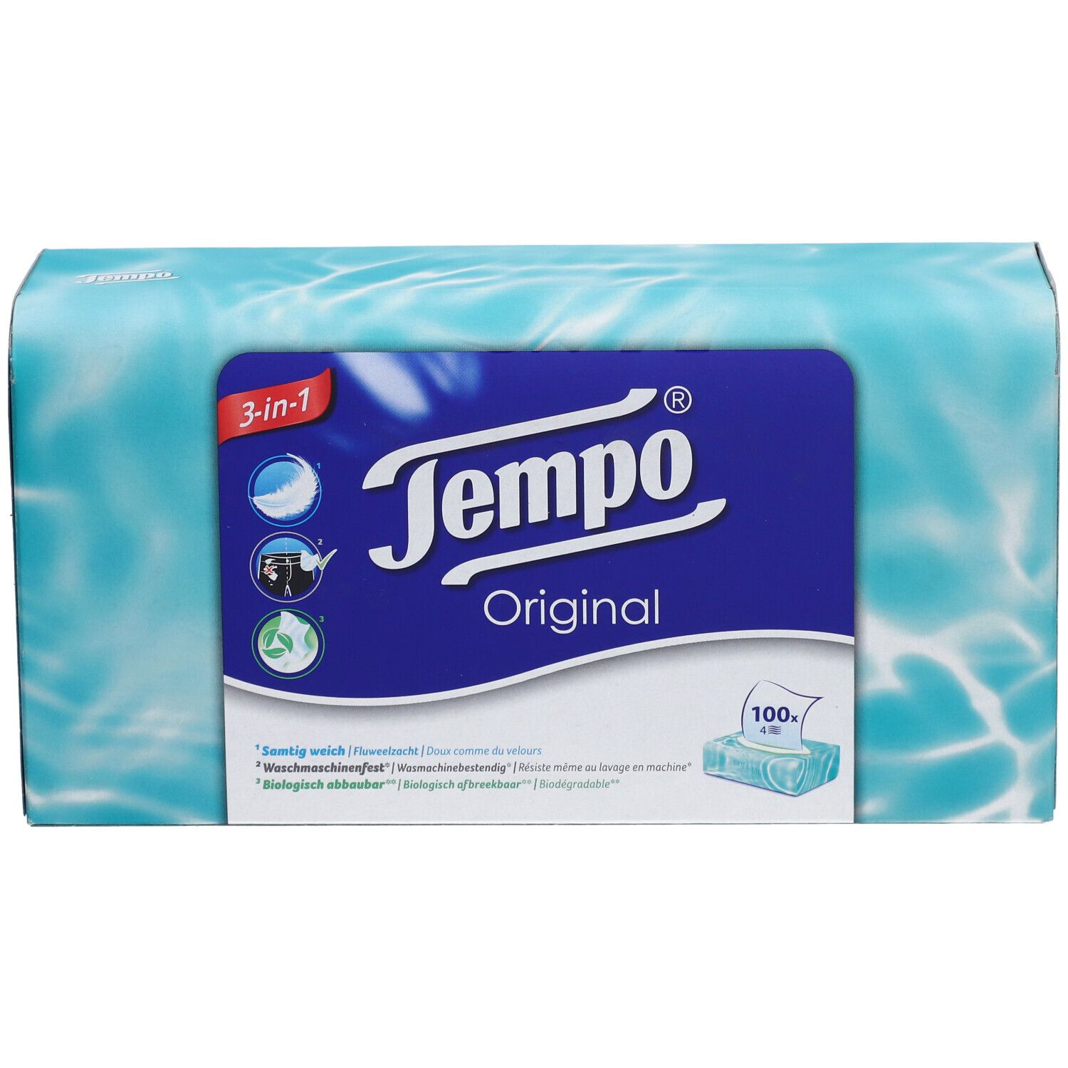 Boîte Tempo® Original, bleu et blanc avec motif aquatique. Inscription : 3-en-1, Tempo® Original, 100 mouchoirs. Vue en perspective.
