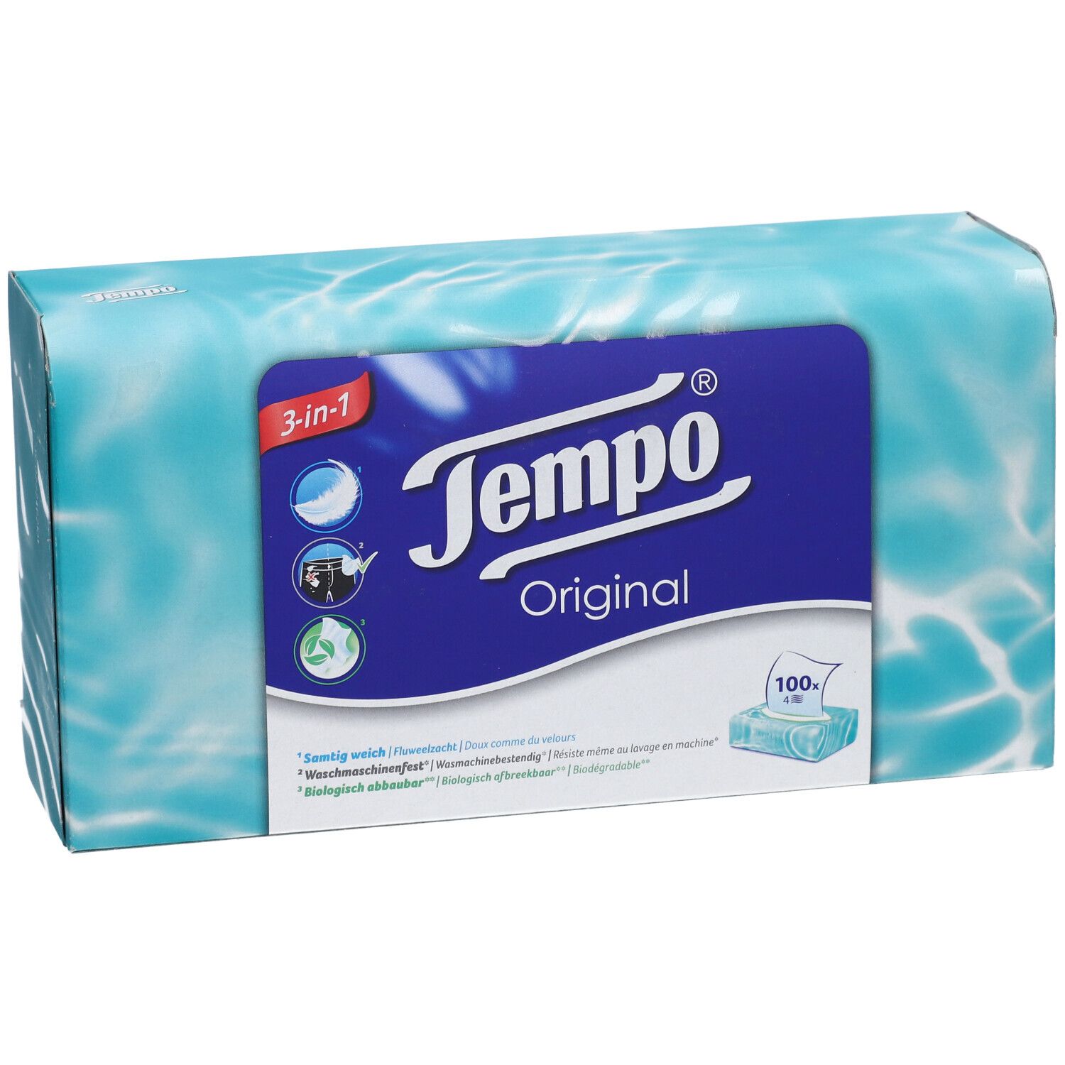 Boîte Tempo® Original, bleu et blanc avec motif aquatique. Inscription : 3-en-1, Tempo® Original, 100 mouchoirs. Vue en perspective.