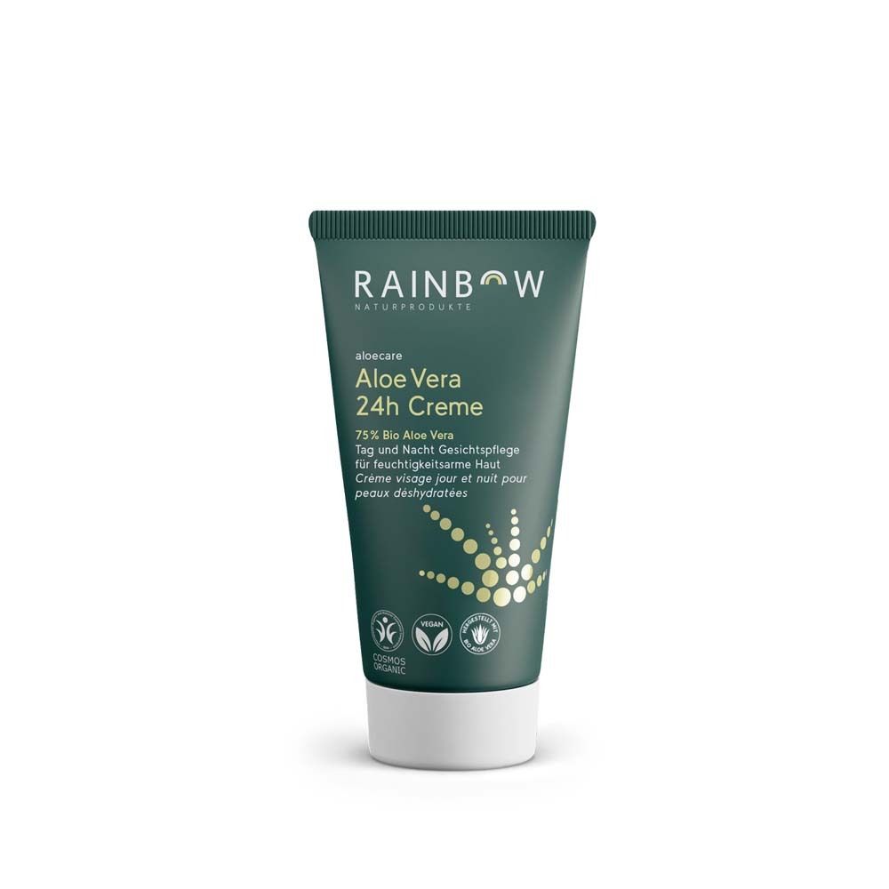 Tube verte avec bouchon blanc. Inscription: Rainbow, aloecare, Aloe Vera 24h Creme. Logos et texte.