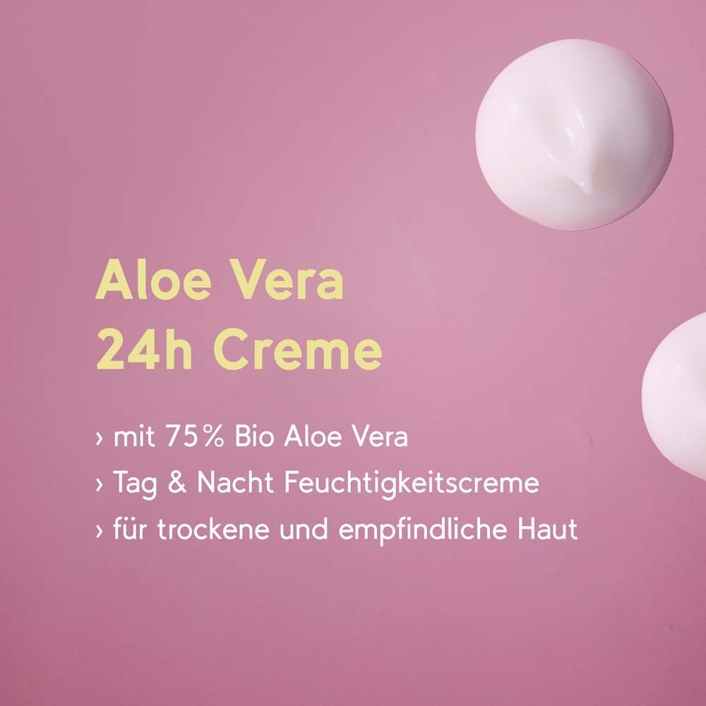 Fond rose. Texte: Aloe Vera 24h Creme. Inscription: avec 75% Bio Aloe Vera, Crème hydratante jour et nuit, pour peaux sèches et sensibles.