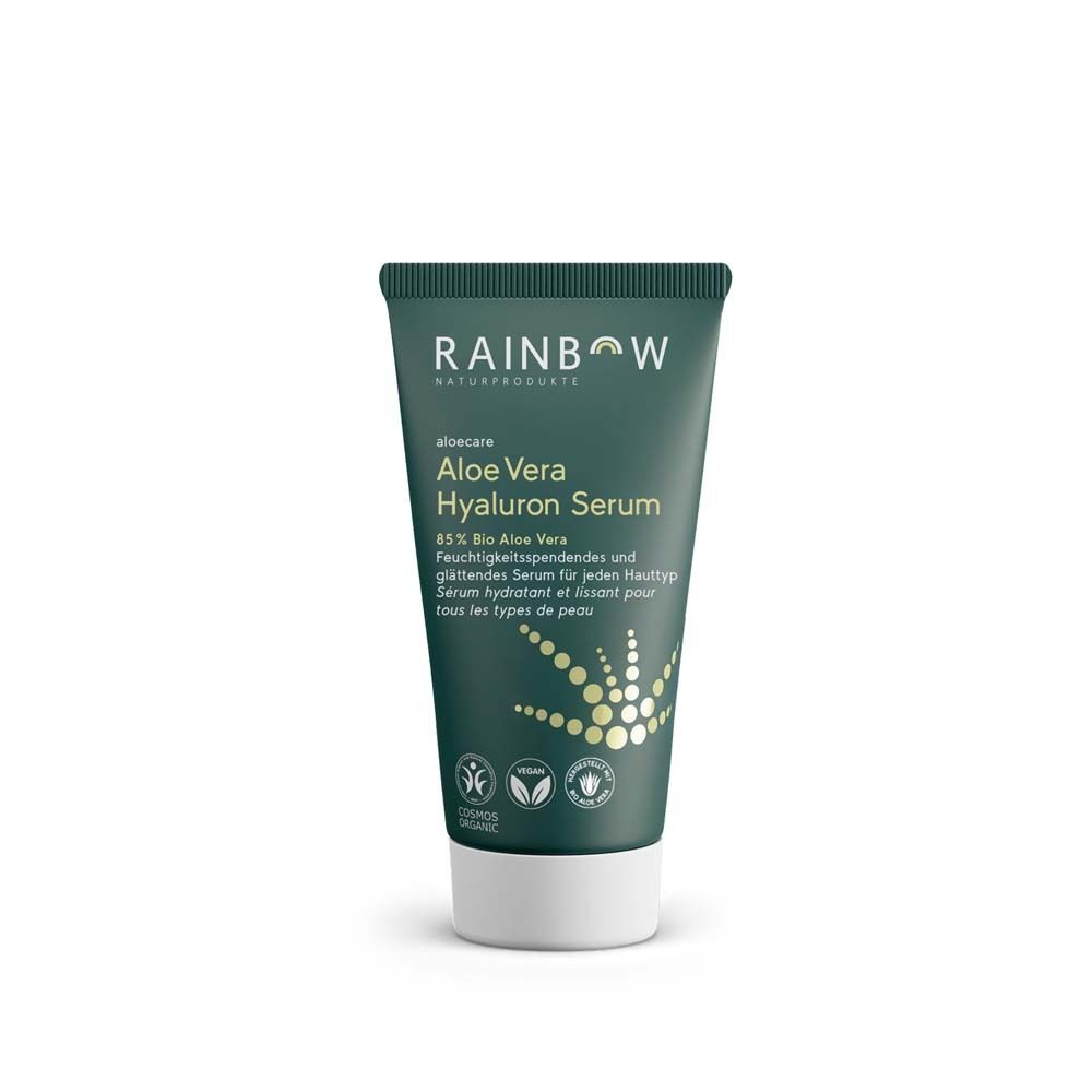 Tube verte avec bouchon blanc. Inscription: Rainbow Naturprodukte, Aloe Vera Hyaluron Serum. Labels vegan et bio.