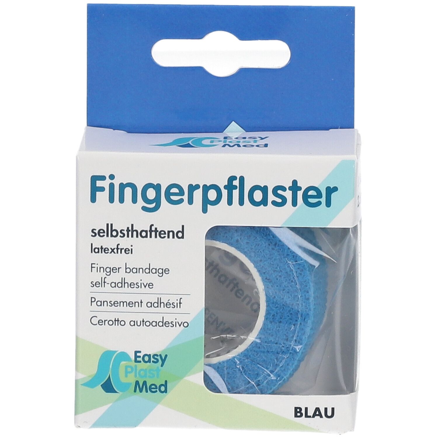 Emballage de pansement adhésif bleu pour doigts. Auto-adhésif. Marque Easy Plast Med.