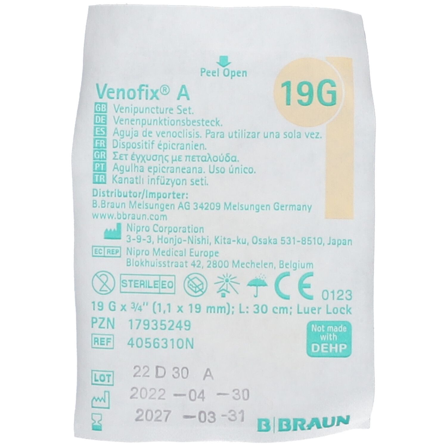 Emballage avec informations produit. Texte: Venofix A, 19G, stérile. Fabricant: B. Braun.