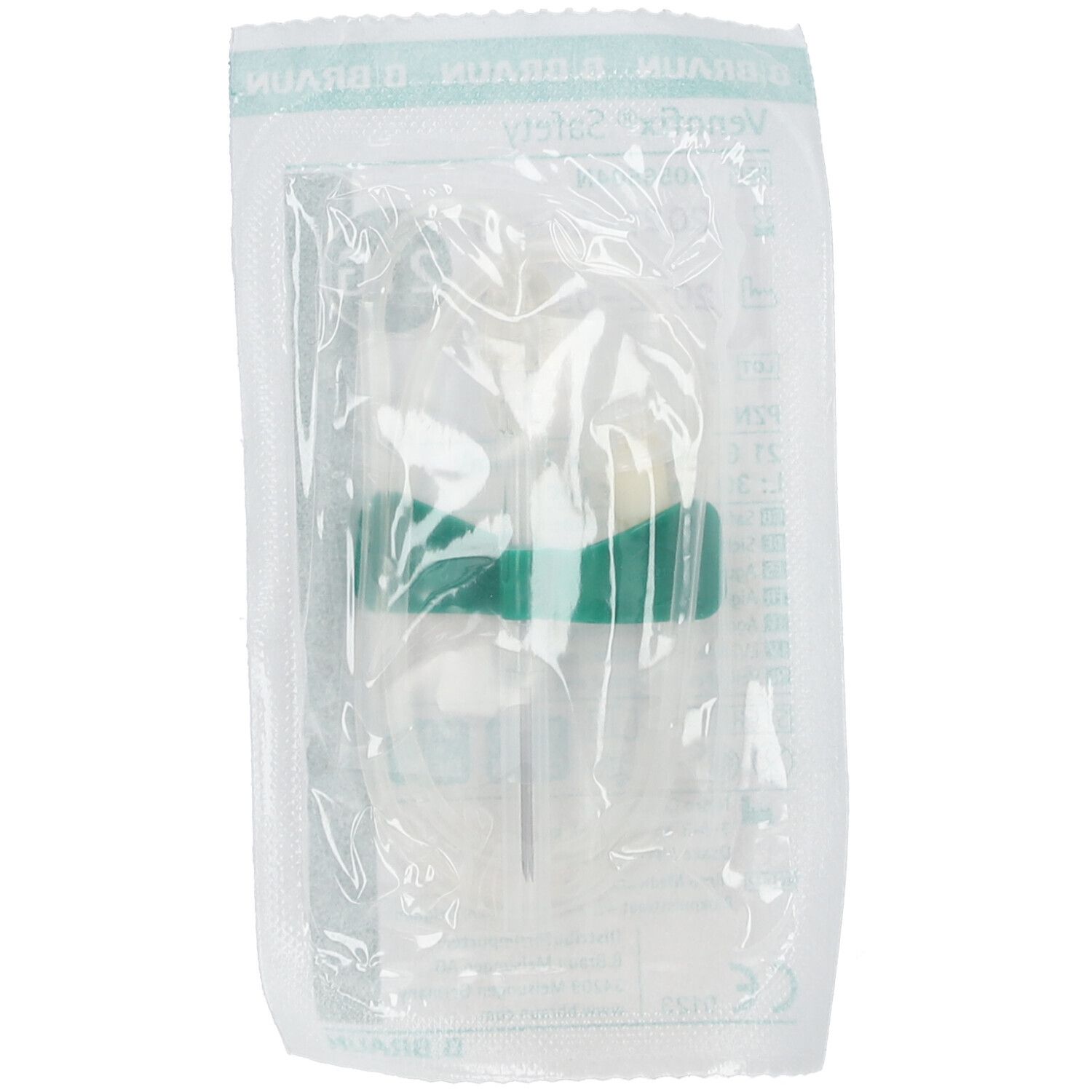 Cathéter veineux de sécurité en emballage plastique. Aile verte, aiguille transparente. Nom du produit visible.