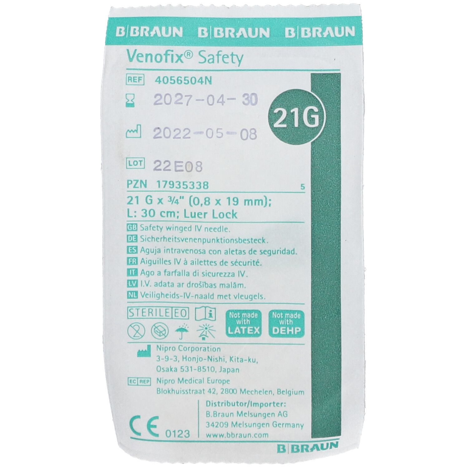 Emballage avec informations produit. Venofix® Safety, 21G, 0,8x19 mm. Stérile EO. Fabricant B. Braun.