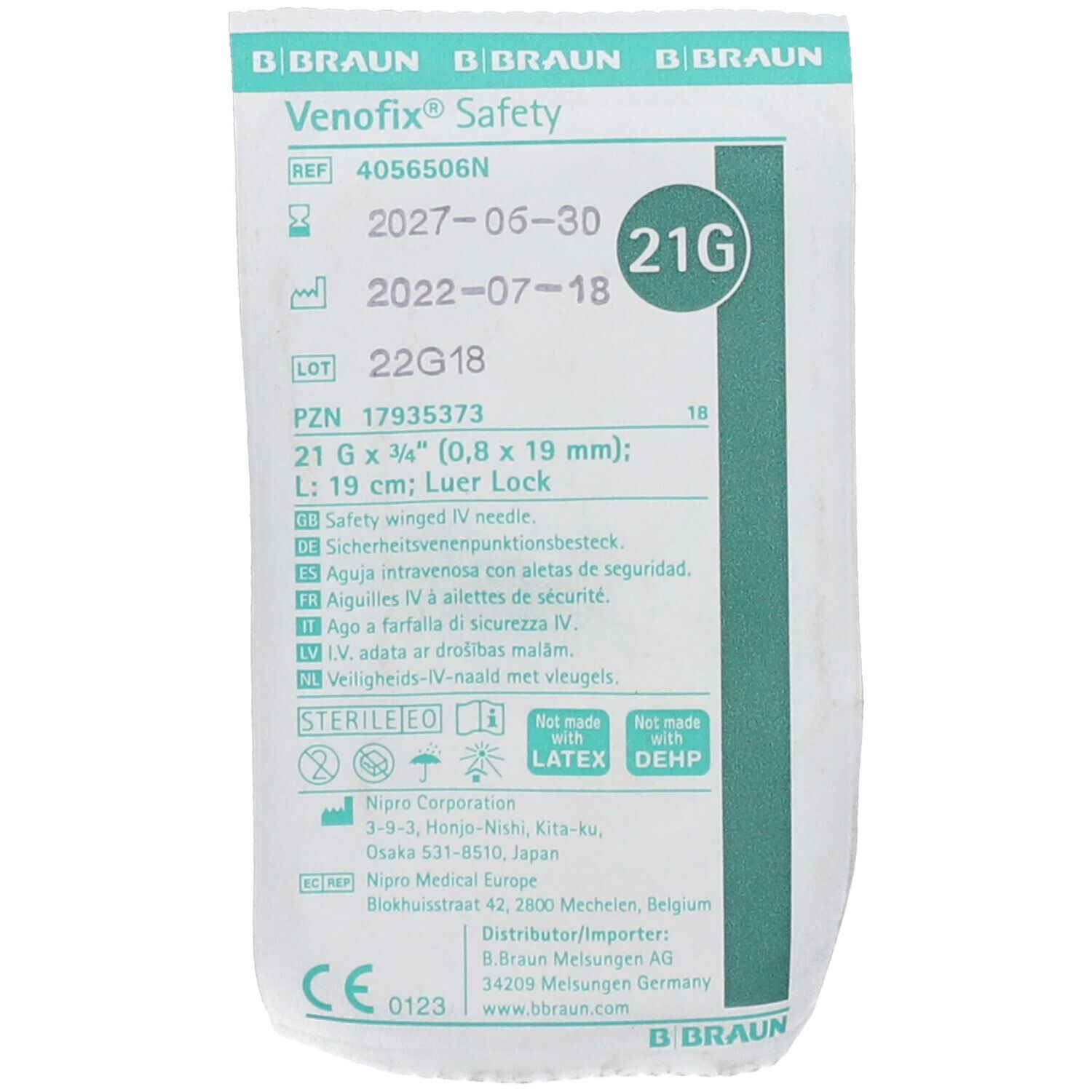 Emballage de Venofix Safety. Informations produit, numéro de lot, date d'expiration. 21G, 0,8 x 19 mm. Marquage CE.