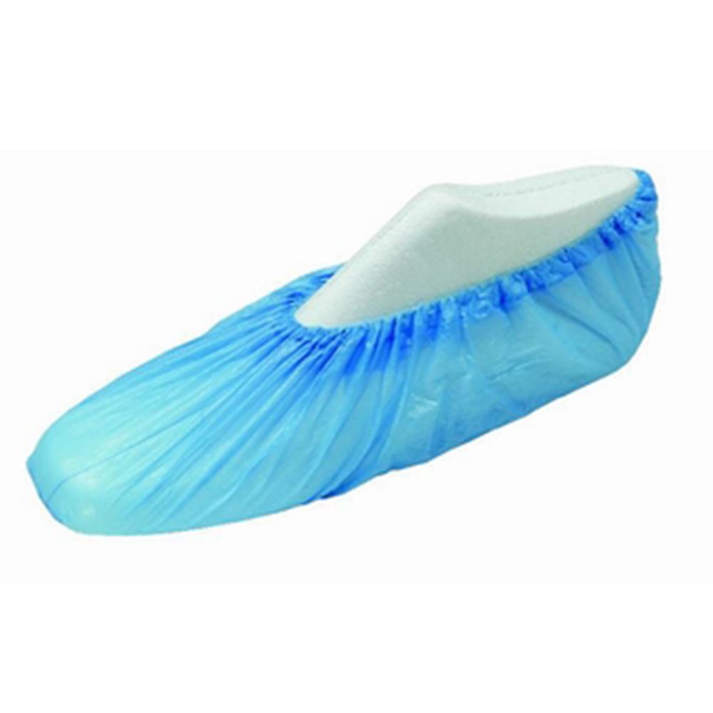 Surchaussure bleue en plastique, sur une forme de chaussure. Bord élastique.