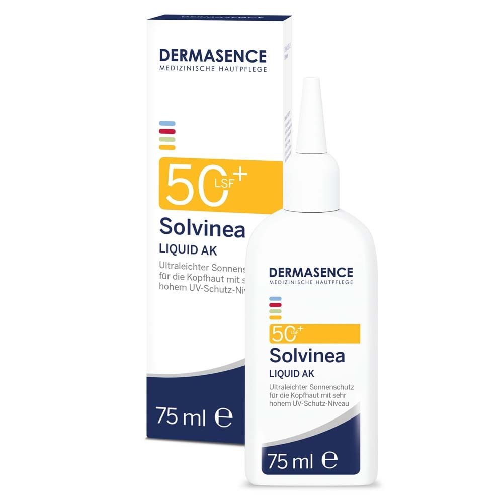 Flacon blanc avec applicateur. Inscription: DERMASENCE, 50+ Solvinea Liquid AK. 75 ml. Avec emballage.