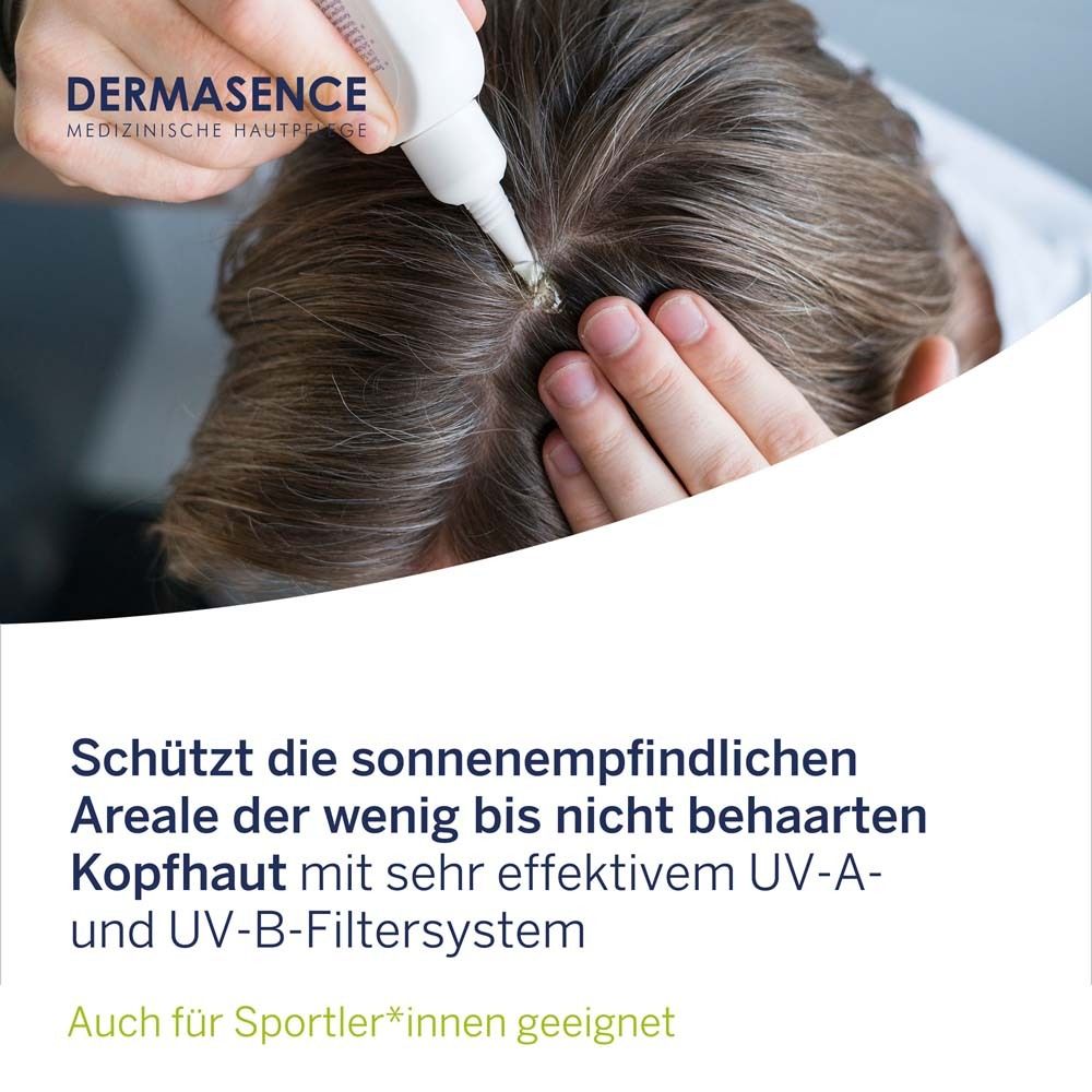 Flacon blanc avec applicateur. Inscription: DERMASENCE, 50+ Solvinea Liquid AK. Avec Green Science et récompense.